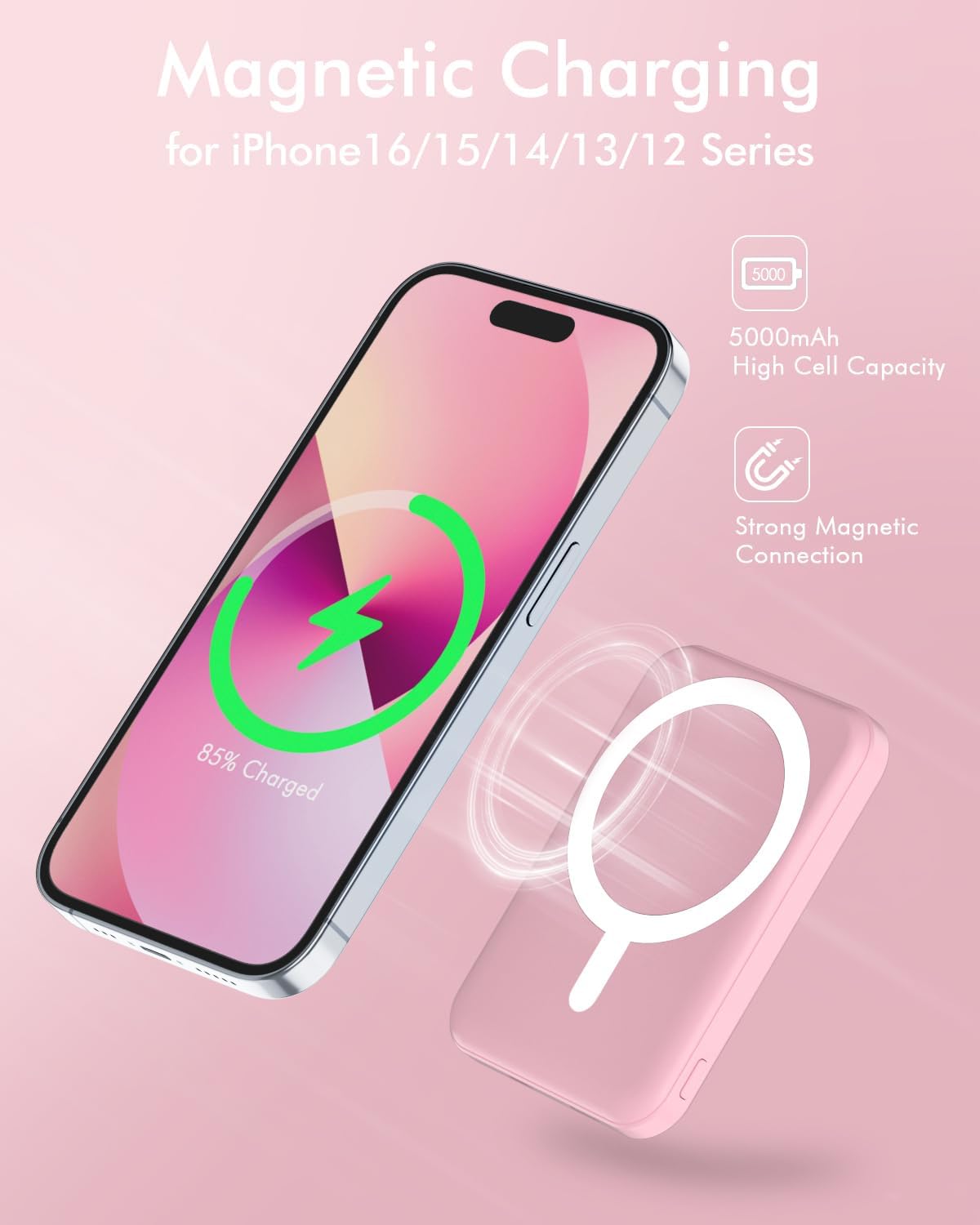podoru for Magsafe Battery Pack, 5000mAh Magnetic Power Bank with Type-C Cable 20W PD Fast Charging Lighting Input Wireless Portable Charger for iPhone 16/15/14/13/12/ All Series-Pink