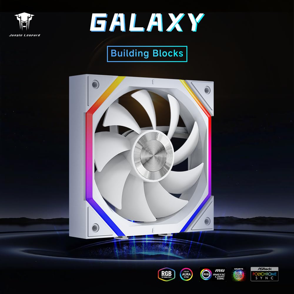 Jungle Leopard Galaxy 120mm PC Reverse Blade Case Fans, ARGB and PWM Cooling Fan PC, Axle Core Double Ring CD Pattern Module Computer Fans, Daisy-Chain 5V RGB Fan (White 3 Pack)