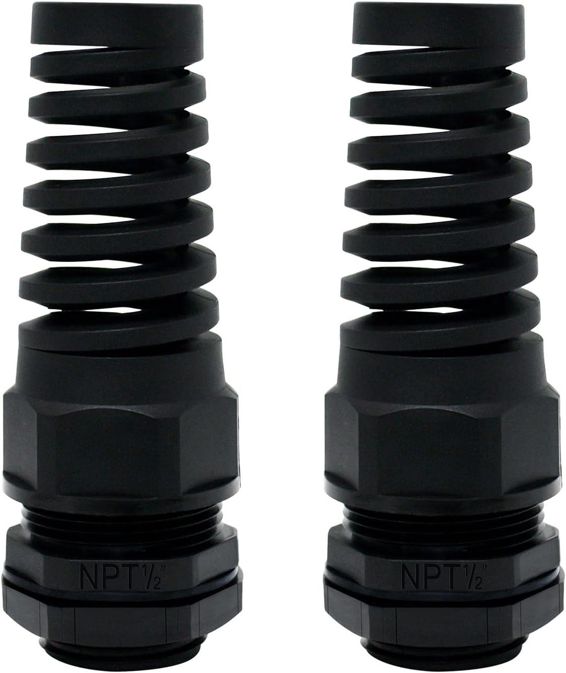 LeMotech 2Pcs NPT 1/2" IP68 Waterproof Cable Gland Flex Spiral Strain Relief Black Nylon Joint with Gaskets for 6-12mm Wire Thread