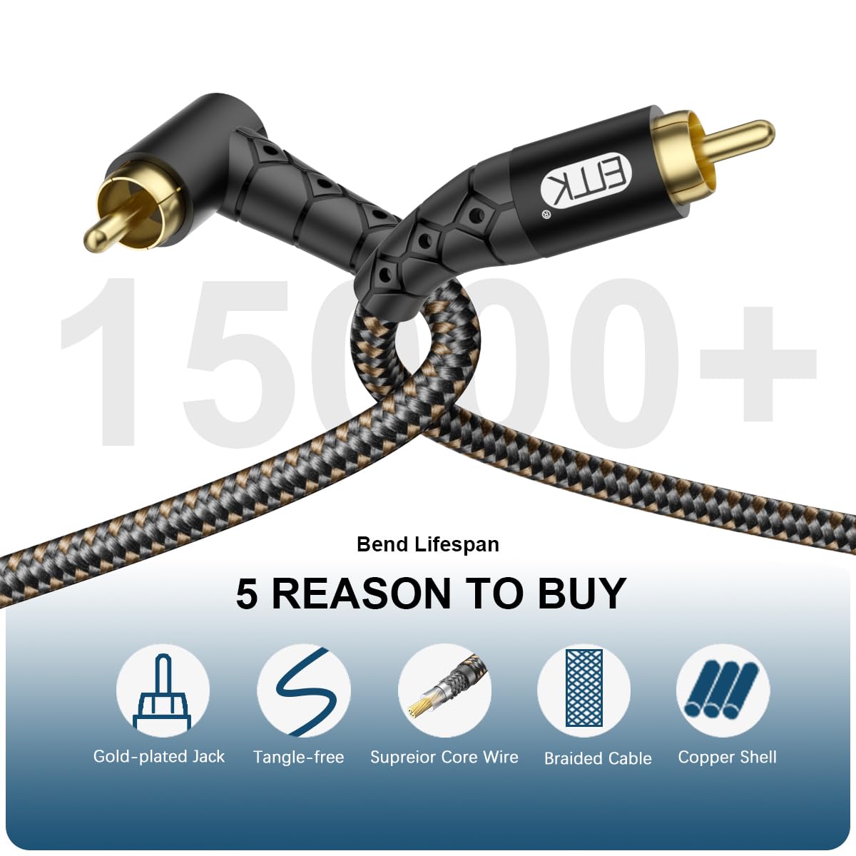 EMK 90 Degree RCA Subwoofer Cable 24K Gold-Plated Connector Nylon Braided Double Shielded – Support Digital & Analog Signals for Amplifier, Home Theater, Hi-Fi System,Subwoofer Black/50ft/15m