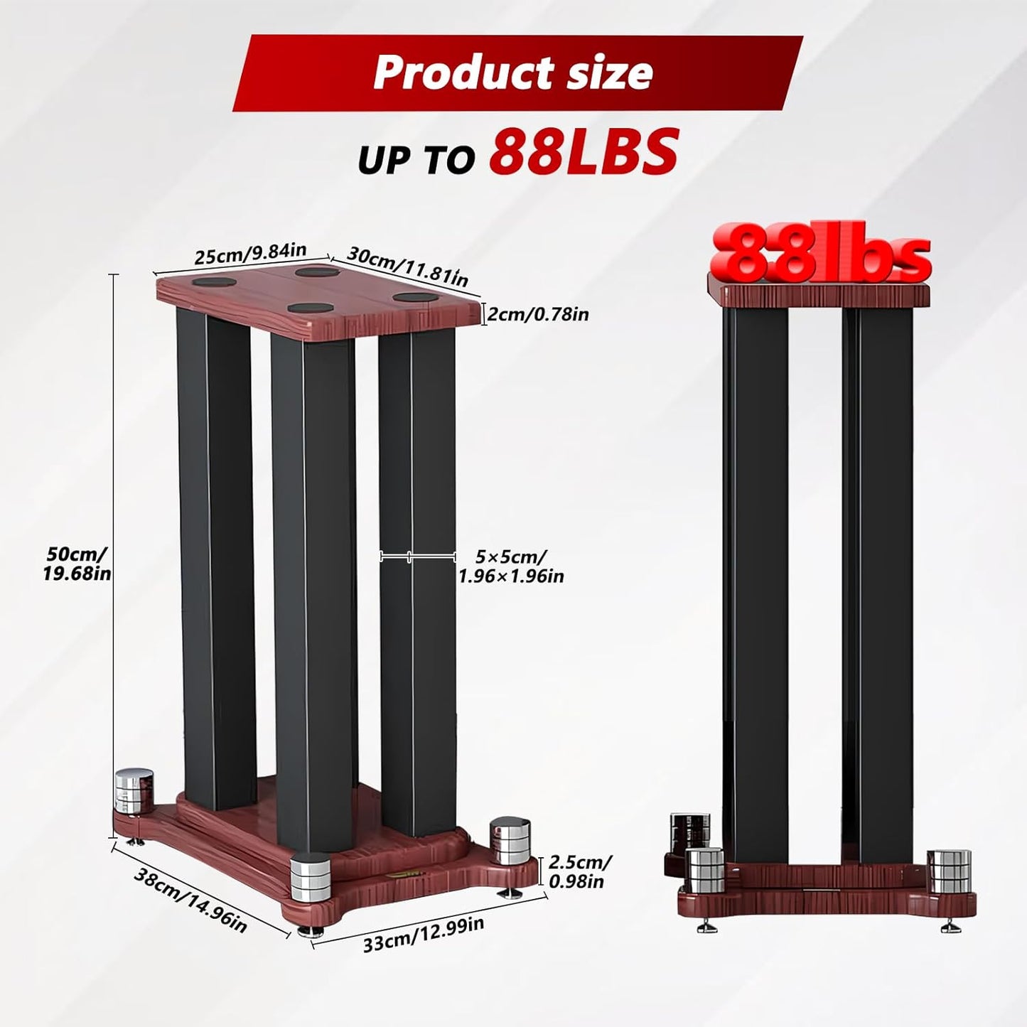 A Pair of Universal Speaker Stands, Heavy Duty Speaker Stands Holds Bookshelf Speaker Satellite Speaker Large Speaker, Vibration-Absorbing MDF Design, Holds 88lbs Speaker (Teak, 50cm/19.6in)