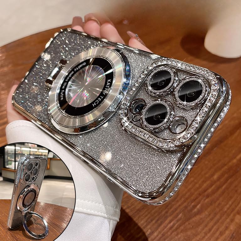 Magnetic Kickstand (Glitter Lens Protector ) Case for iPhone 15 14 13 12 Pro Max (Compatible with Magsafe ) Sparkling Diamond Cover Glitter Shiny Rhinestone Cases (Silver,for iPhone 14 Pro)