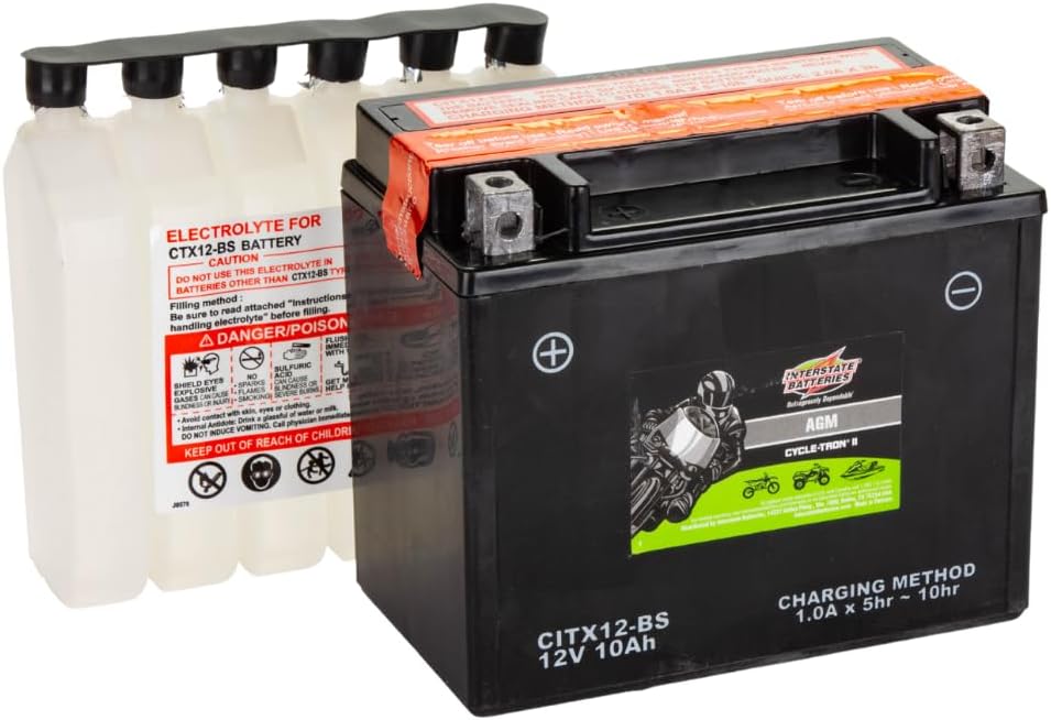 Interstate Batteries YTX12-BS 12V 10Ah Powersports Battery 175CCA AGM Rechargeable Replacement for Honda, Kawasaki, Suzuki Motorcycles, Scooters, Bikes, ATVs, UTVs (CITX12-BS)