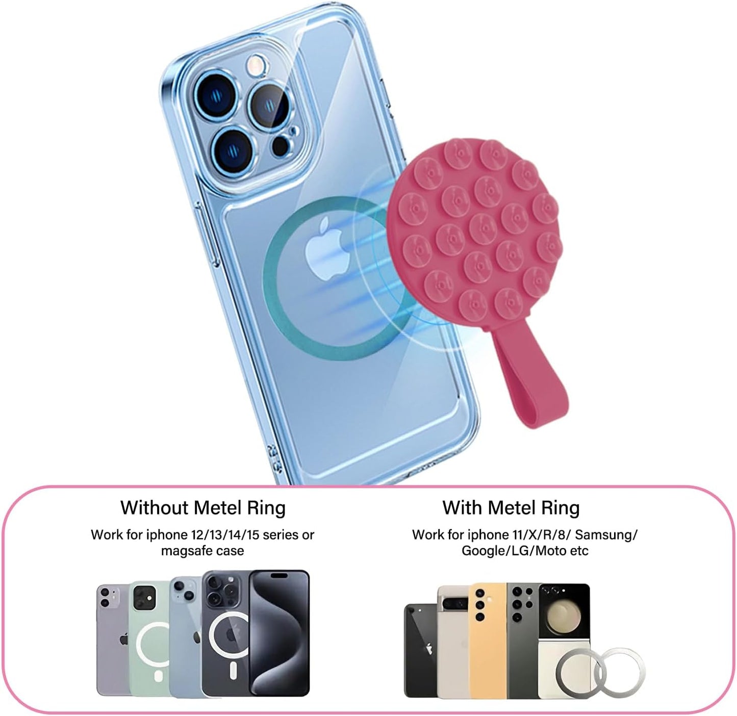 Magnetic Suction Cup Phone Mount, Silicone Suction Stand Holder, Compatible with iPhone MagSafe Phone Case, Hands-Free Mirror Shower Phone Holder Accessory for TikTok Videos, Teal Green