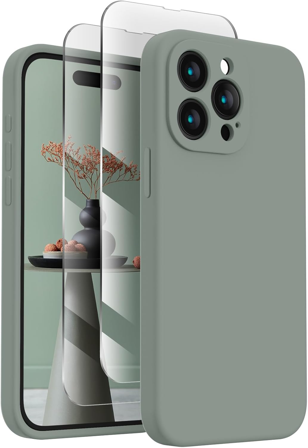 FireNova Designed for iPhone 15 Pro Case, Silicone Upgraded [Camera Protection] Phone Case with [2 Screen Protectors], Soft Anti-Scratch Microfiber Lining Inside, 6.1 inch, Calke Green