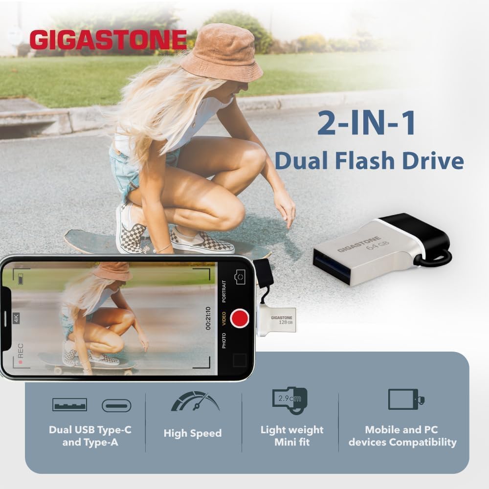 GIGASTONE 256GB Nano Luxus Dual Drive, Z50 USB 3.2 Gen 1, 2-in-1 USB-A & Type-C, 100MB/s Ultra Fast, Cap Design, Metal, Plug & Play for Smartphone/PC/Mac/TV/Car, 2.0/3.0/3.1 Compatible