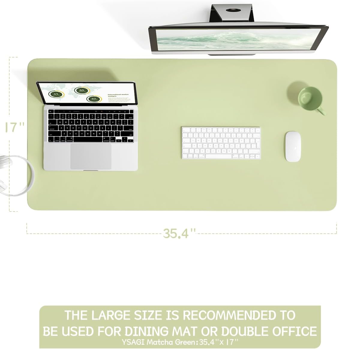 YSAGi Non-Slip Leather Desk Pad L Size, Waterproof Laptop Computer Desk Keyboard Mat, Table Protector Blotter Mat, Large Mouse Pad for Office/Work/Home/Decor(Matcha Green, 35.4" x 17")
