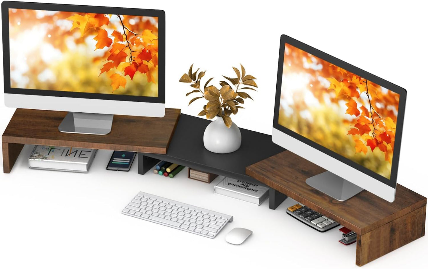 TAVR Dual Monitor Stand Riser, Computer Monitor Stands for 2 Monitors, Extra Long Multifunctional Desktop Organizer Riser for Computer, Laptop, PC, Printer, TV, Max 43.3" Length, Rustic Brown