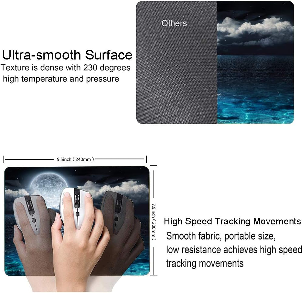 Moon Illuminating The Clear Blue Ocean Design Mouse Pad, Mouse Mat Square Waterproof Non-Slip Rubber Base MousePads for Computer Laptop Men Women Kids