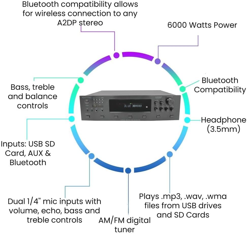 Vaiyer Home Audio System Kit, 6-Channel 6000 Watts Bluetooth Amplifier w/ 5.25" 10 QTY of 175 W Each Frameless in-Ceiling Speakers & 16 AWG 500 ft Speaker Wire - Perfect for Home/Office/Bar/Restaurant