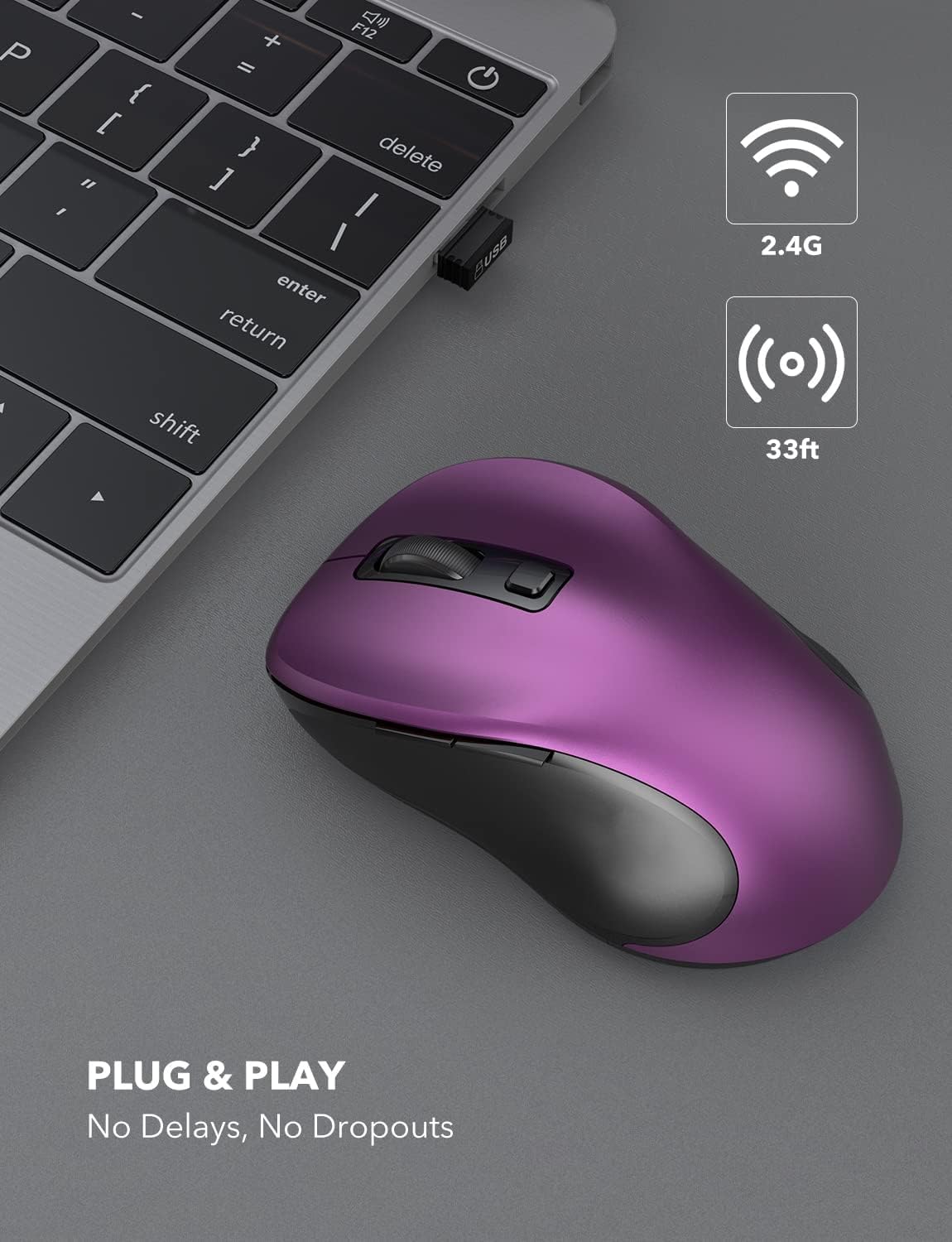 Trueque Wireless Mouse for Laptop, 2.4GHz Ergonomic Computer Mouse with Back & Forward Buttons, 3 Adjustable DPI Levels, 6 Buttons, Optical USB Cordless Mice for Windows Chromebook MacBook PC (Purple)