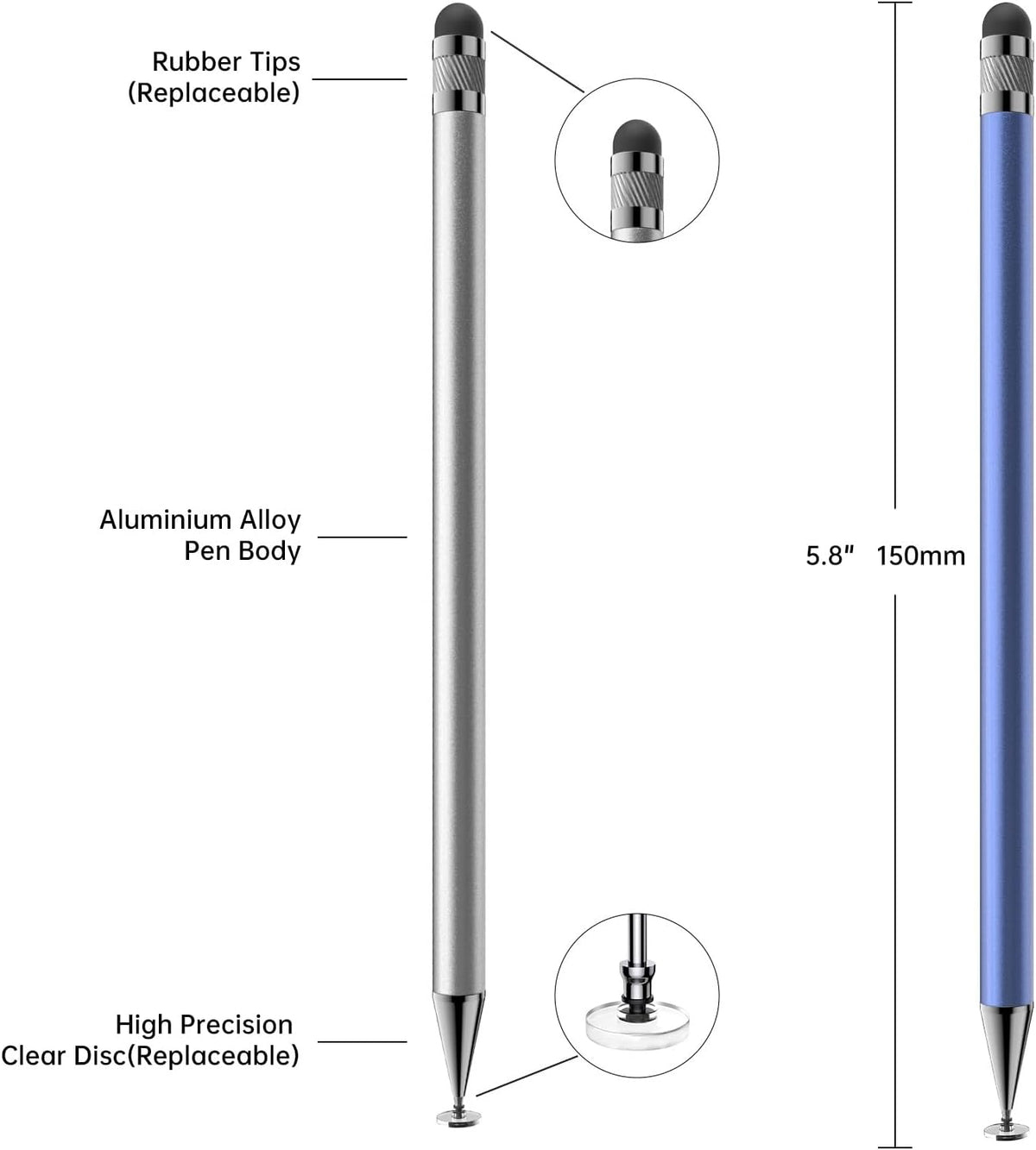 Stylus (5 Pcs), 2-in-1 Stylus Pen for Touch Screen, High Precision and Sensitivity, Suitable for iPhone/ipad/Android Tablets, Compatible with All Touch Screens (Black/White/Blue/Rose Gold/Silver)