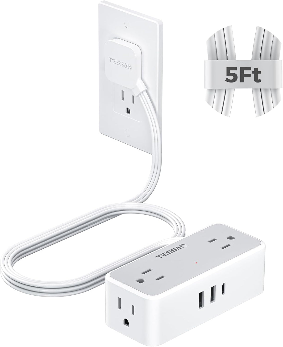 TESSAN Flat Plug Extension Cord 5 FT, Surge Protector Power Strip with 4 AC Outlets 1 USB C and 2 USB A Ports, 900 Joules Protection, Multiple Wall Outlet Extender Suitable for Home Office Dorm