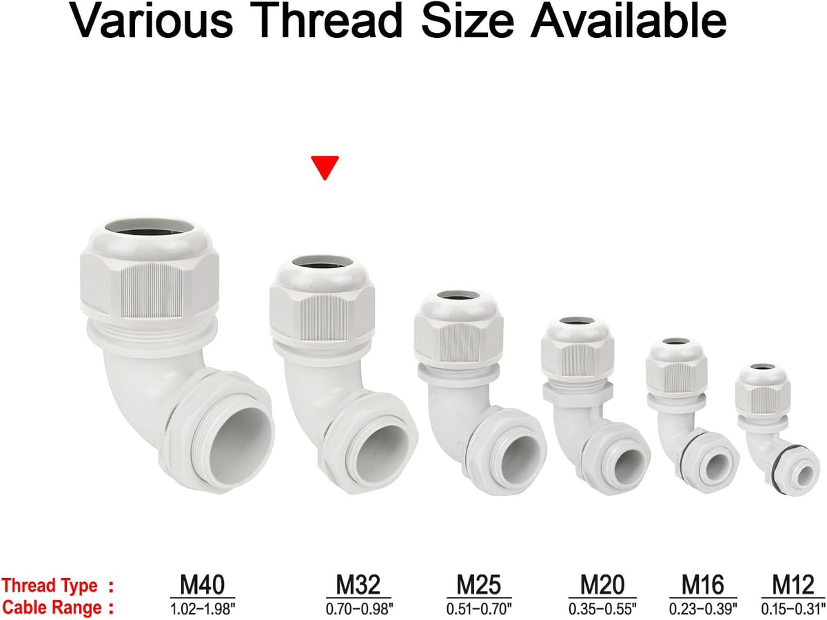 LeMotech M32 Cable Gland, 90 Degree Adjustable 18-25mm Strain Relief, Cord Connectors Nylon Joints with Gaskets, 2 Pcs, Grey