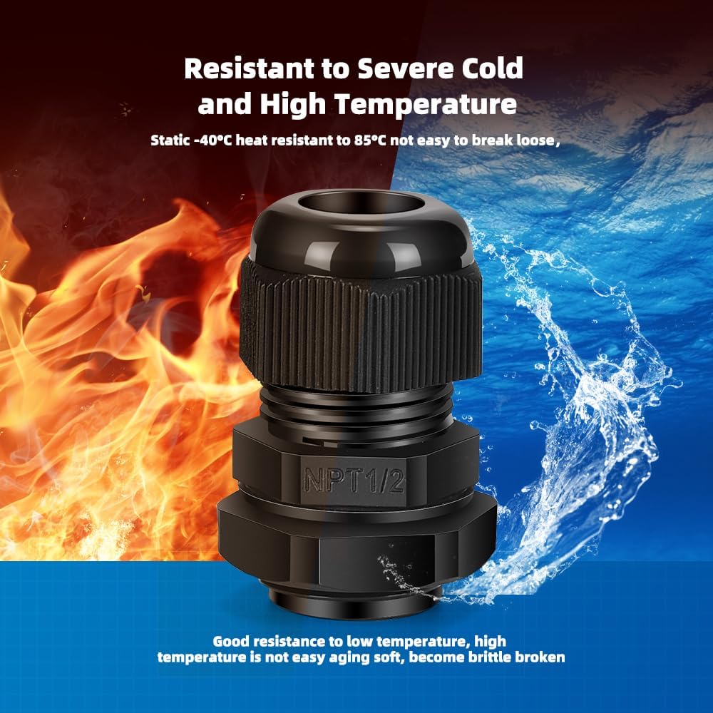 Cable Gland 12 Pack 1/2" NPT Waterproof Adjustable Connector Strain Relief Cord Connectors Joints Nylon with Gaskets…