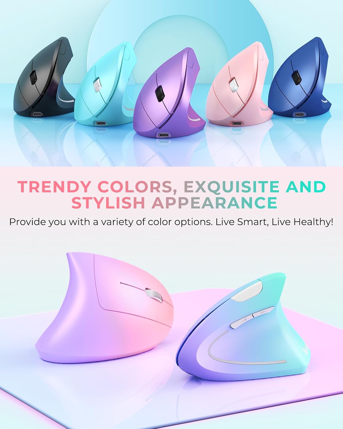 Lekvey Ergonomic Mouse, Vertical Wireless Mouse, Rechargeable 2.4G Optical Carpal Tunnel Mice with USB Receiver: 1000/1200 / 1600 DPI, 6 Buttons, for Laptop, Computer, PC, Desktop, Pink Green
