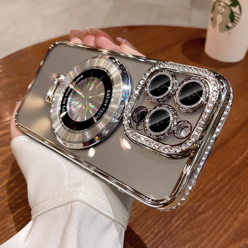 Magnetic Kickstand (Glitter Lens Protector ) Case for IPhone 15 14 13 12 Pro Max (Compatible with Magsafe ) Sparkling Diamond Cover Glitter Shiny Rhinestone Cases (Silver,for iPhone 13)