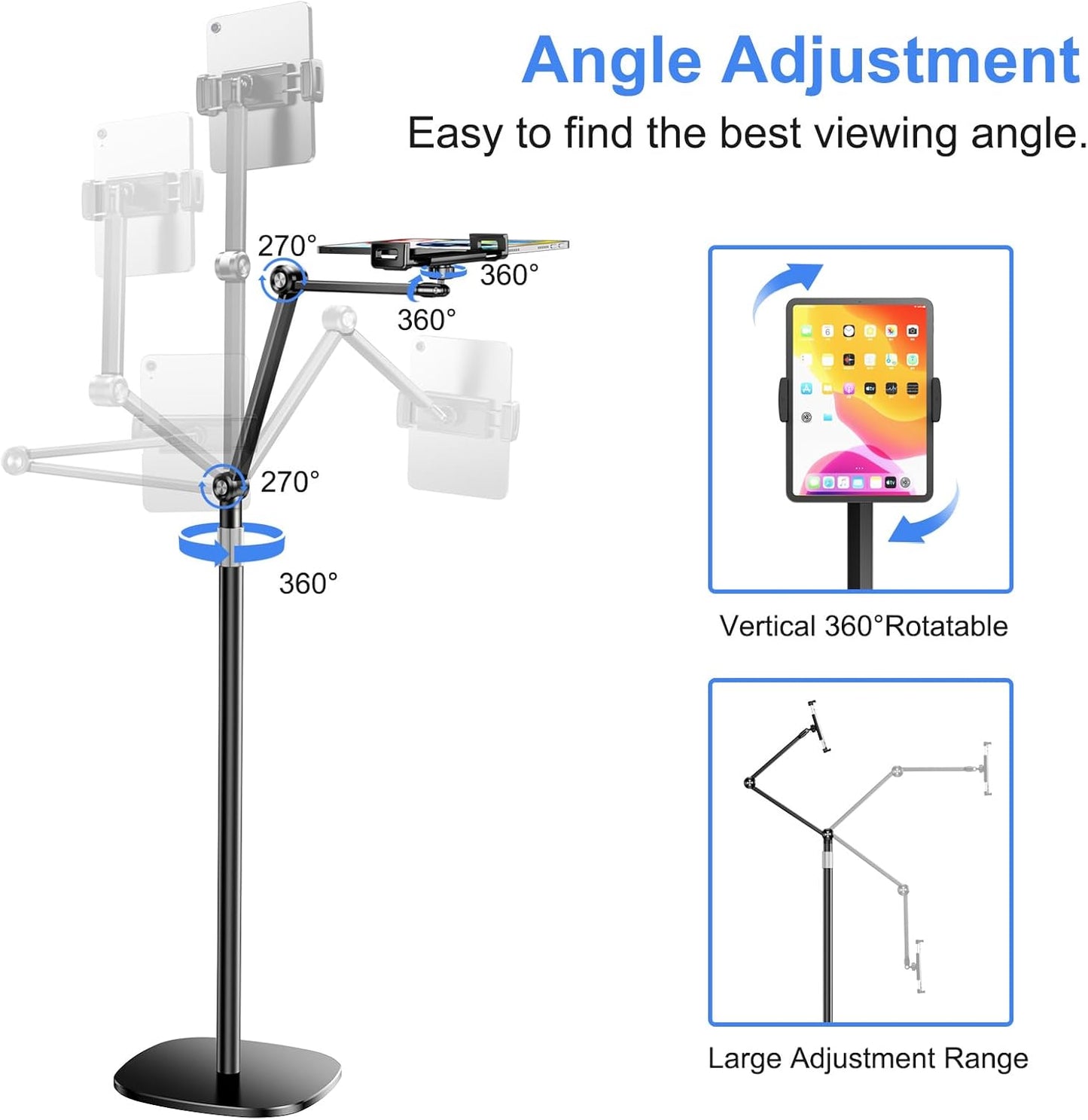 OATSBASF Tablet Floor Stand, Overhead Bed Phone Mount, Height & 360 Degree Angle Adjustable Universal Metal Tablet Holder Compatible with iPad, Samsung Galaxy Tab, iPhone, Kindle, 4.7-12.9" (Black)