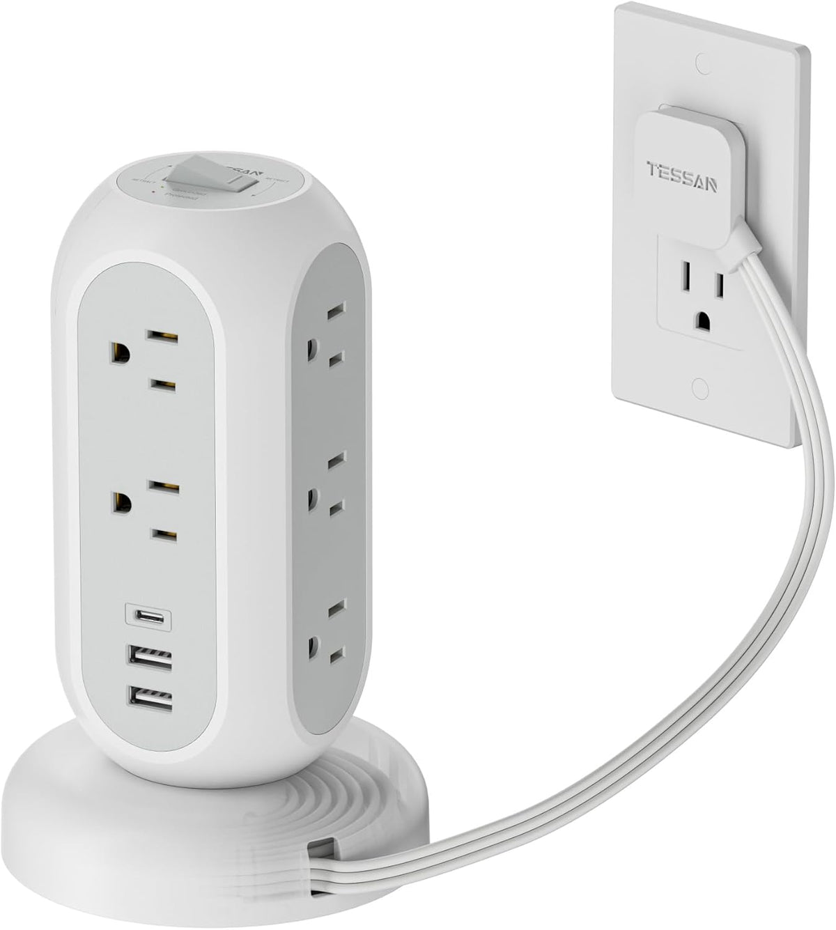 Surge Protector Power Strip Tower, TESSAN 5 FT Retractable Extension Cord with Multiple Outlets, 11 Outlets with 3 USB (1 USB C) Charging Station, 1050J, Office Desk Supplies, Dorm Essentials