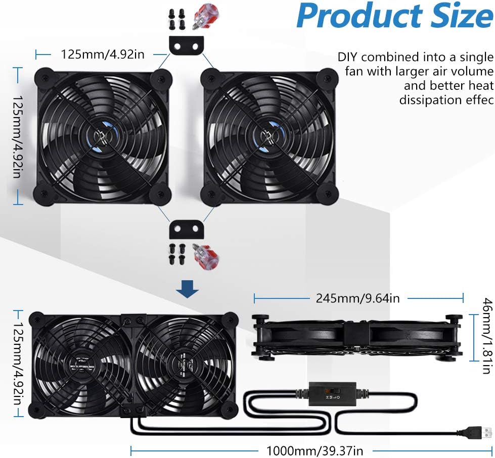 SCCCF Dual 120mm USB Cooling Fan with Speed Control - Quiet 5V Portable Fan for Electronics, TV, Router, DVR, PS5/Xbox/PC Cabinet, Computer & Gaming Console Cooling