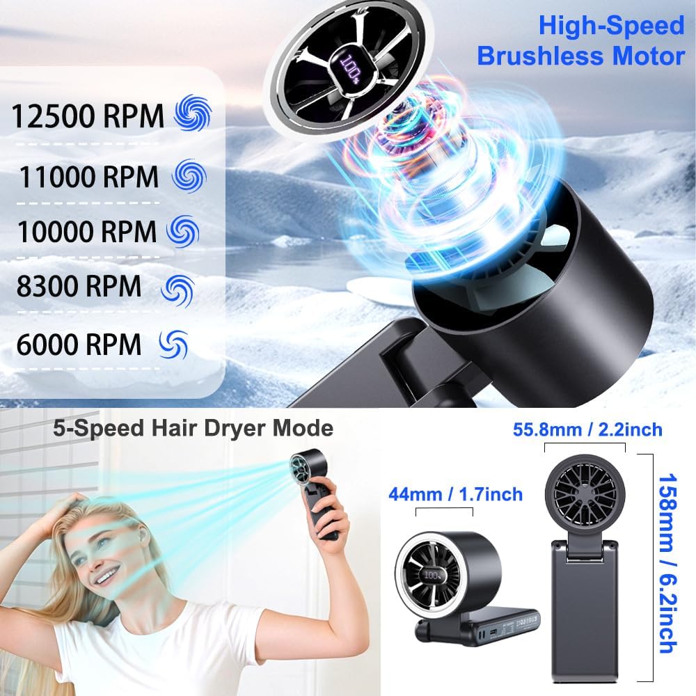 CAZOKASI Rechargeable Strong Wind Handheld Fan With Ambient Lighting 4 IN1 5000mAh Upto 22H For Desktop Waist Clip Neck (StrongWind/Black)