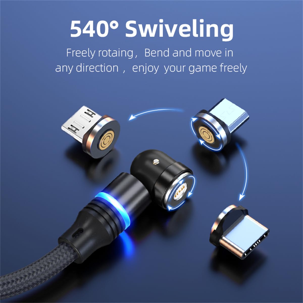 Magnetic Charging Cable (6-Pack,1.6+3.3+3.3+6.6+6.6+10ft) 540° Rotation Magnet Phone Charger USB C Cable 3A Fast Charging Magnetic Charger Cable with LED Light for Micro USB Type C Device