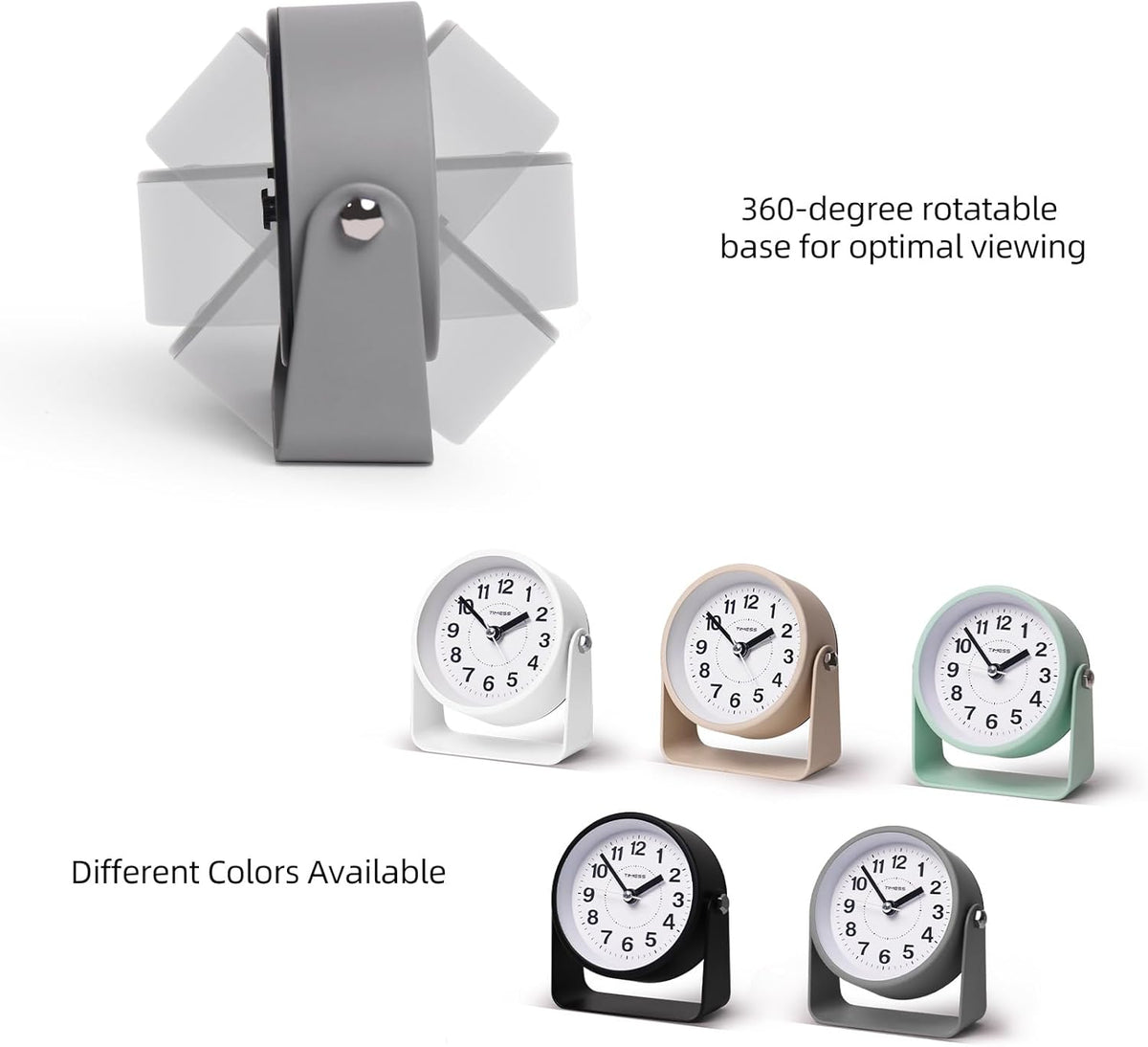 Analog Alarm Clock, Silent Non-Ticking Quartz Movement, Battery-Operated with Snooze & On-Demand Light, Easy to Set Gentle Wake Bedside Desk Clock, Ideal for Home, Travel, Office (Gray)