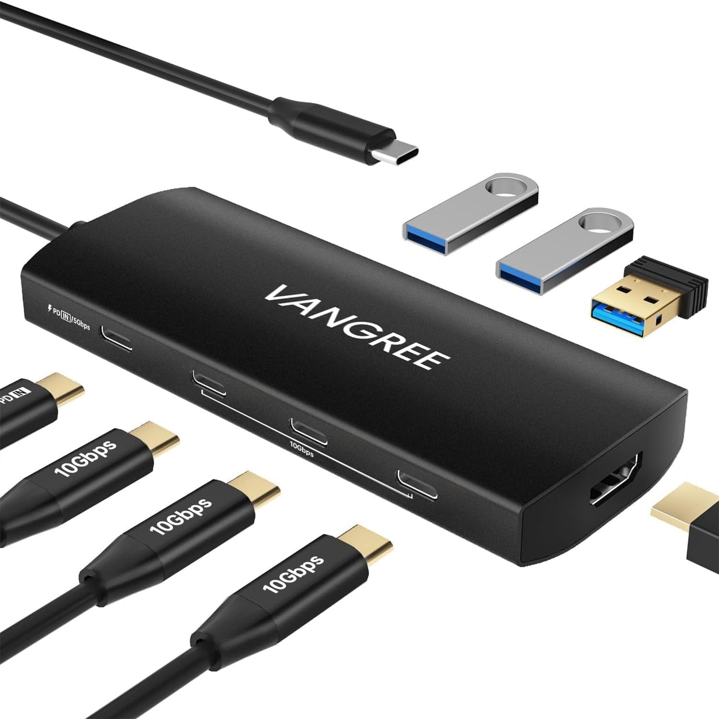 USB C Hub 8 in 1 Multiport Adapter, 3 USB 3.2 Gen 2 Ports with 10Gbps, 3 USB-A 3.0 5Gbps, 4K@60Hz HDMI, 100W PD, USBC Splitter for MacBook Pro, iPad Pro, Mac mini and More(Not Support USB-C Monitor)