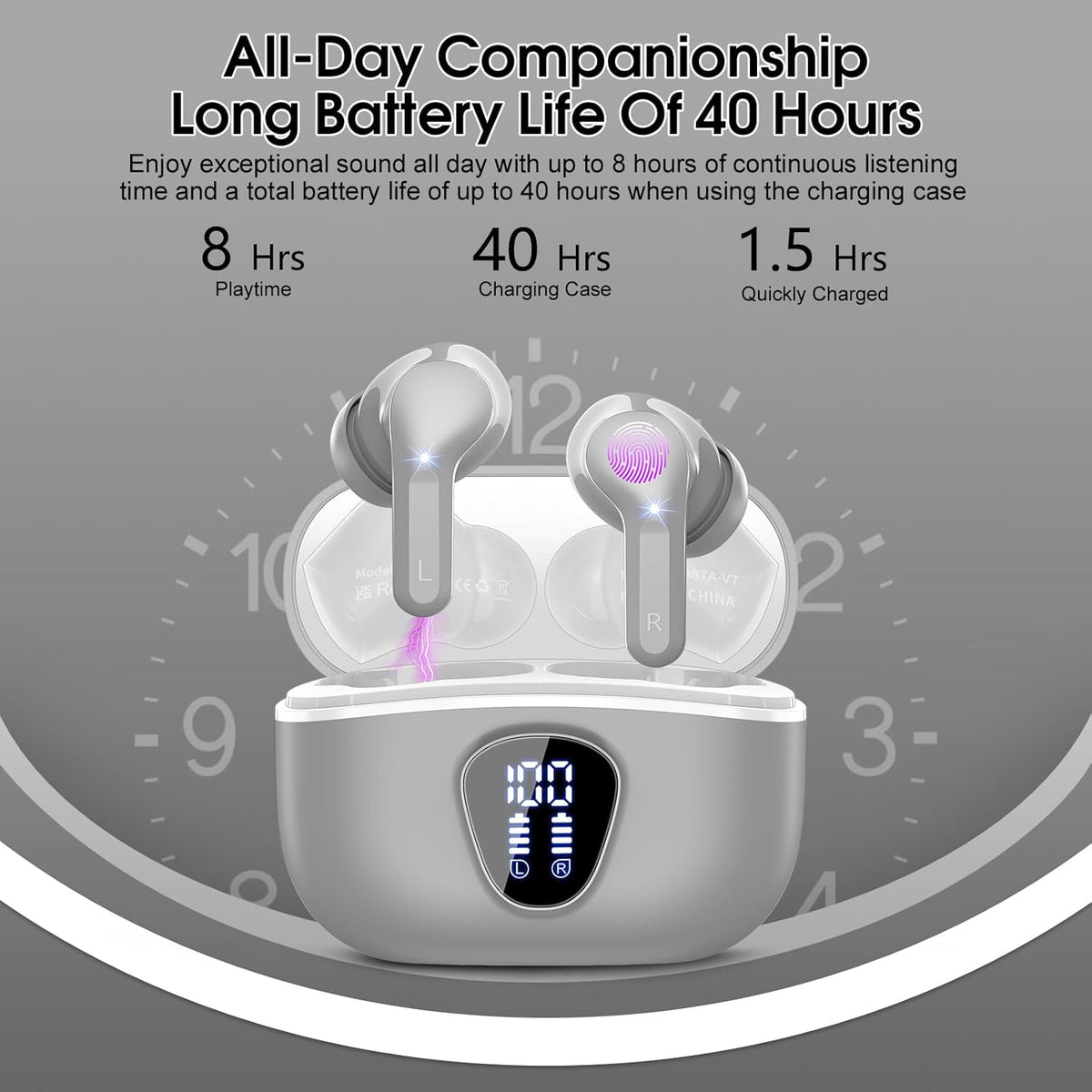 Wireless Earbuds, Bluetooth 5.4 Headphones HiFi Stereo, Bluetooth Earbuds with ENC Noise Cancelling Mic, IP7 Waterproof in Ear Earphones, 48H, LED Display Ear buds for Pad Workout Sports, Grey