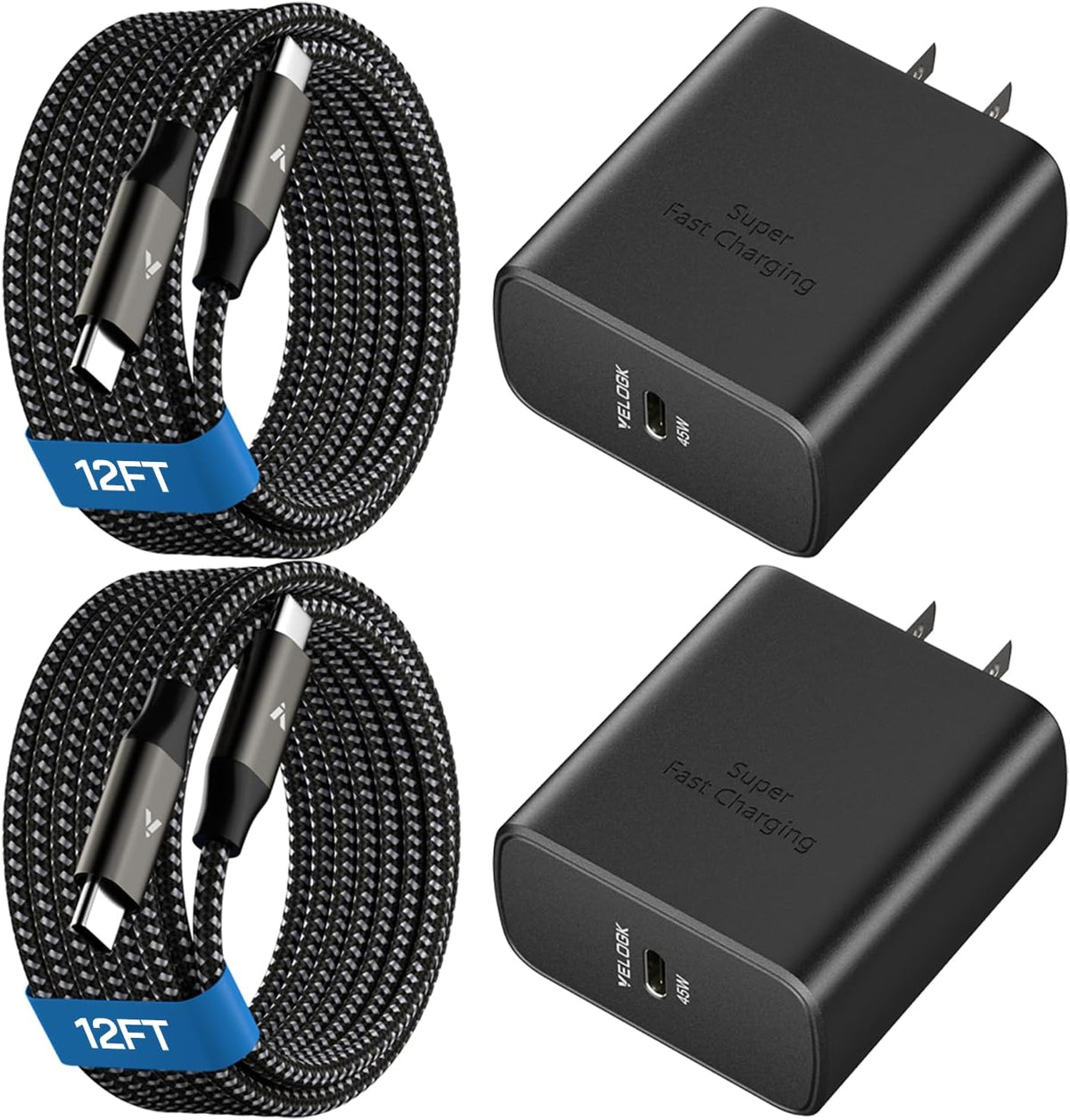45W Super Fast Charger USB C, 45 Watt Type-C Android Phone Charger Fast Charging Block with 12FT Type C Cords for Samsung Galaxy S25 Ultra/S24 Ultra/S24+/S23 Ultra/S23+/S22 Plus/S20, Tab S9/S8 Ultra