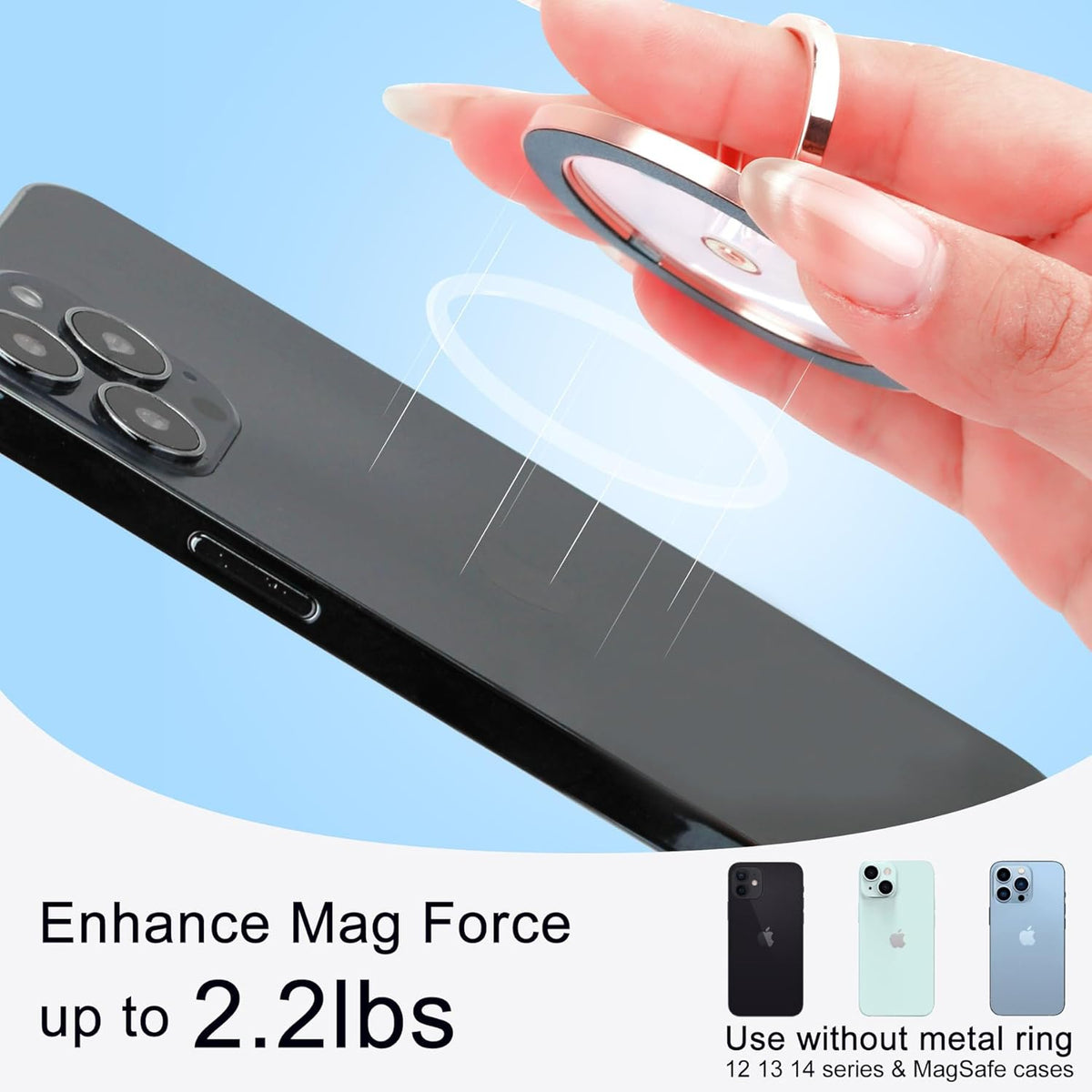 Magnetic Phone Grip for MagSafe, EI Sonador Magnet Phone Ring Holder, Removable, Compatible with iPhone 14 Plus 13 12 Pro Max Mini (Transparent Rose Gold Diamond)