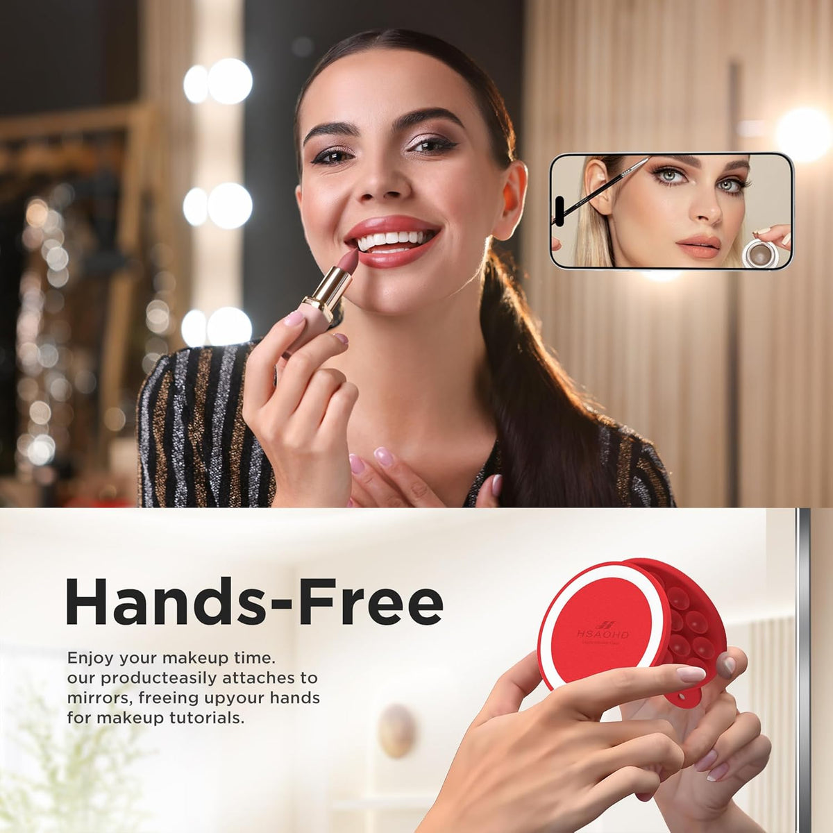 Magnetic Suction Cup Phone Mount for MagSafe Case, Silicone Hands-Free Phone Grip Holder for iPhone and Android, Mirror Shower Phone Stand for Makeup FaceTime Gym Kitchen Bathroom, Red