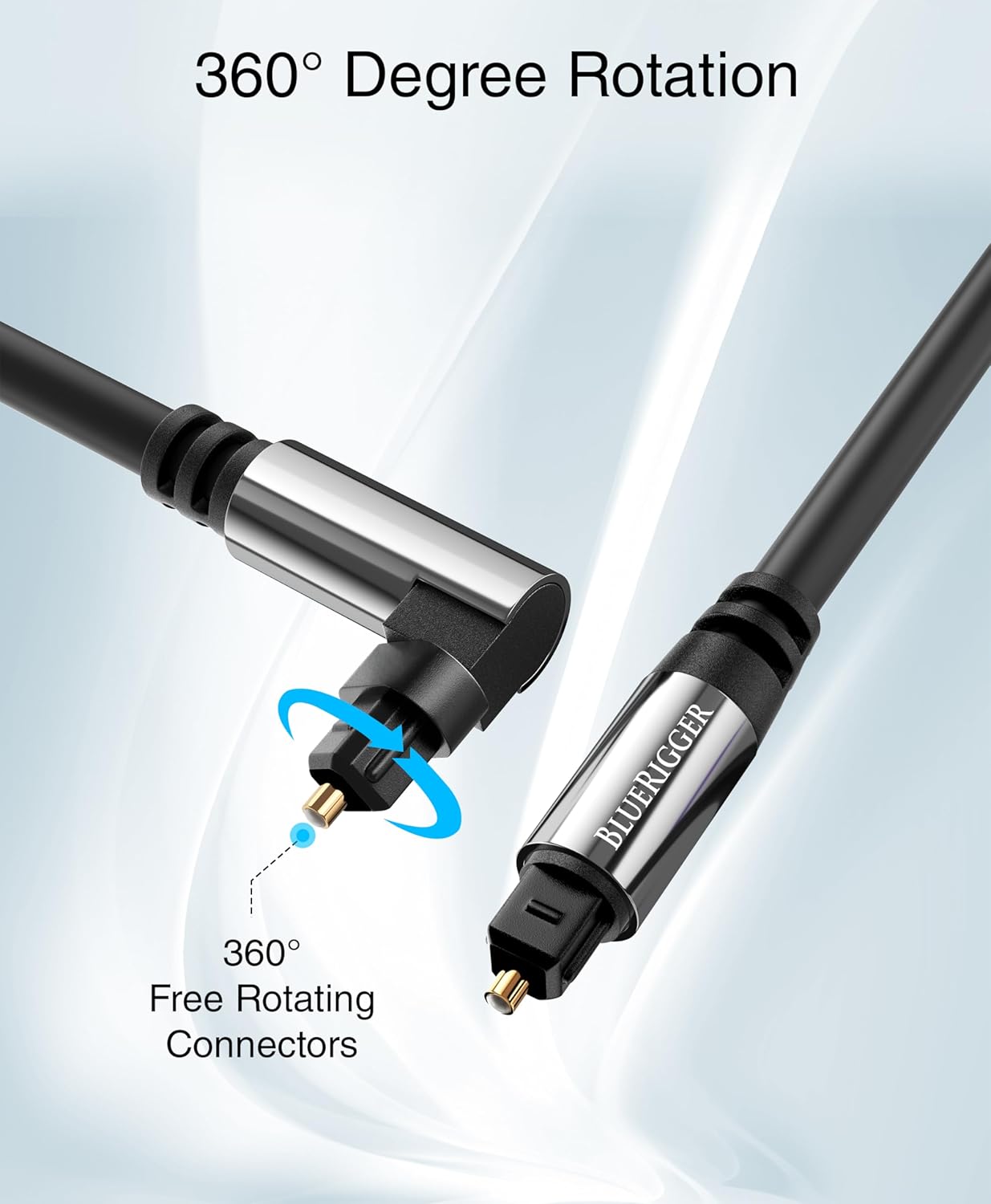 BlueRigger Optical Audio Toslink Cable - 15FT (90 Degrees Optical Cable for Soundbar, 360 Degree Rotatable Right Angle, S/PDIF Digital Toslink) - Fiber Optic Compatible with HDTV, Game Console, DVR