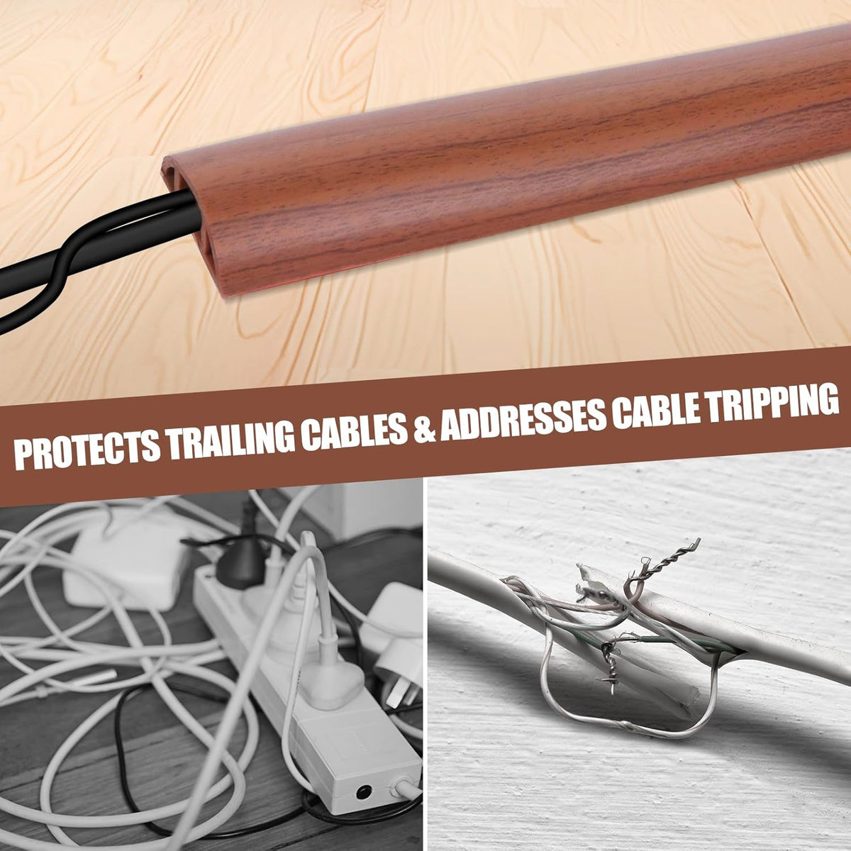 Floor Cord Cover Cavity 0.8"x0.37" Self Adhesive Cord Hider, 10FT Low Profile Cable Management, Extension Strip Protector for Wires, Prevent Cable Trips for Offices, Gyms, Exhibitions（Red Teak）