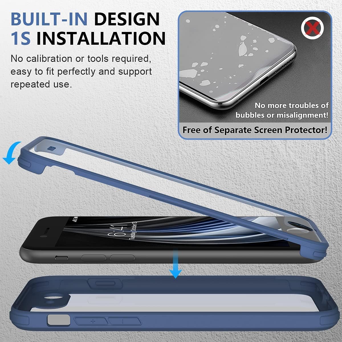 Miracase for iPhone SE Phone Case 3rd/2nd Generation 2022 2020 Full-Body with Built-in Glass Screen Protector, Heavy Duty 360° Protective Shockproof Bumper Cover for iPhone 8/SE, Blue