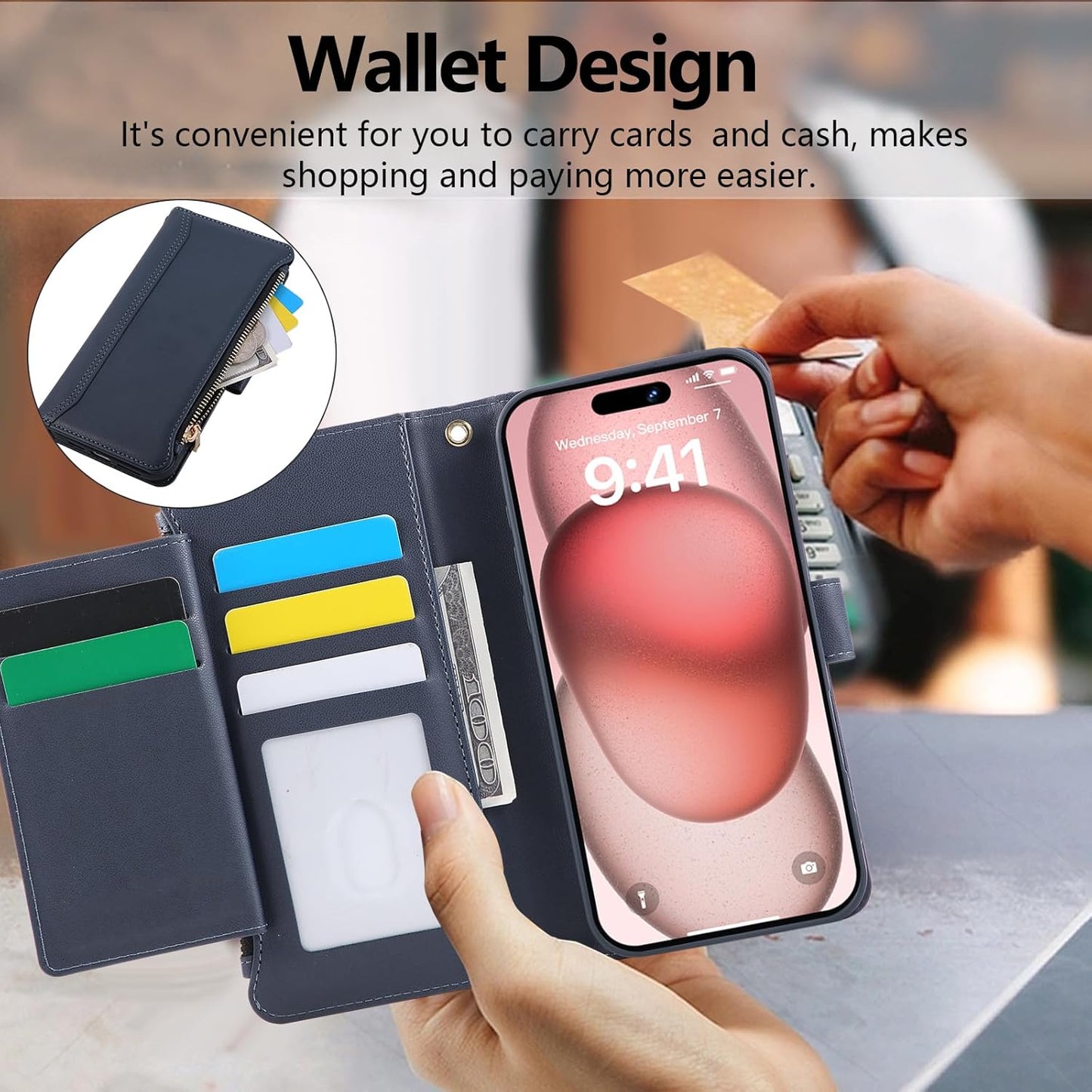 Compatible with iPhone 12 Pro Max Wallet Phone Case-PU Leather Magnetic Flip Cover with Credit Card Slots,Zipper Pocket & Detachable Wrist Strap,Shockproof Design,for Women and Men-Navy Blue