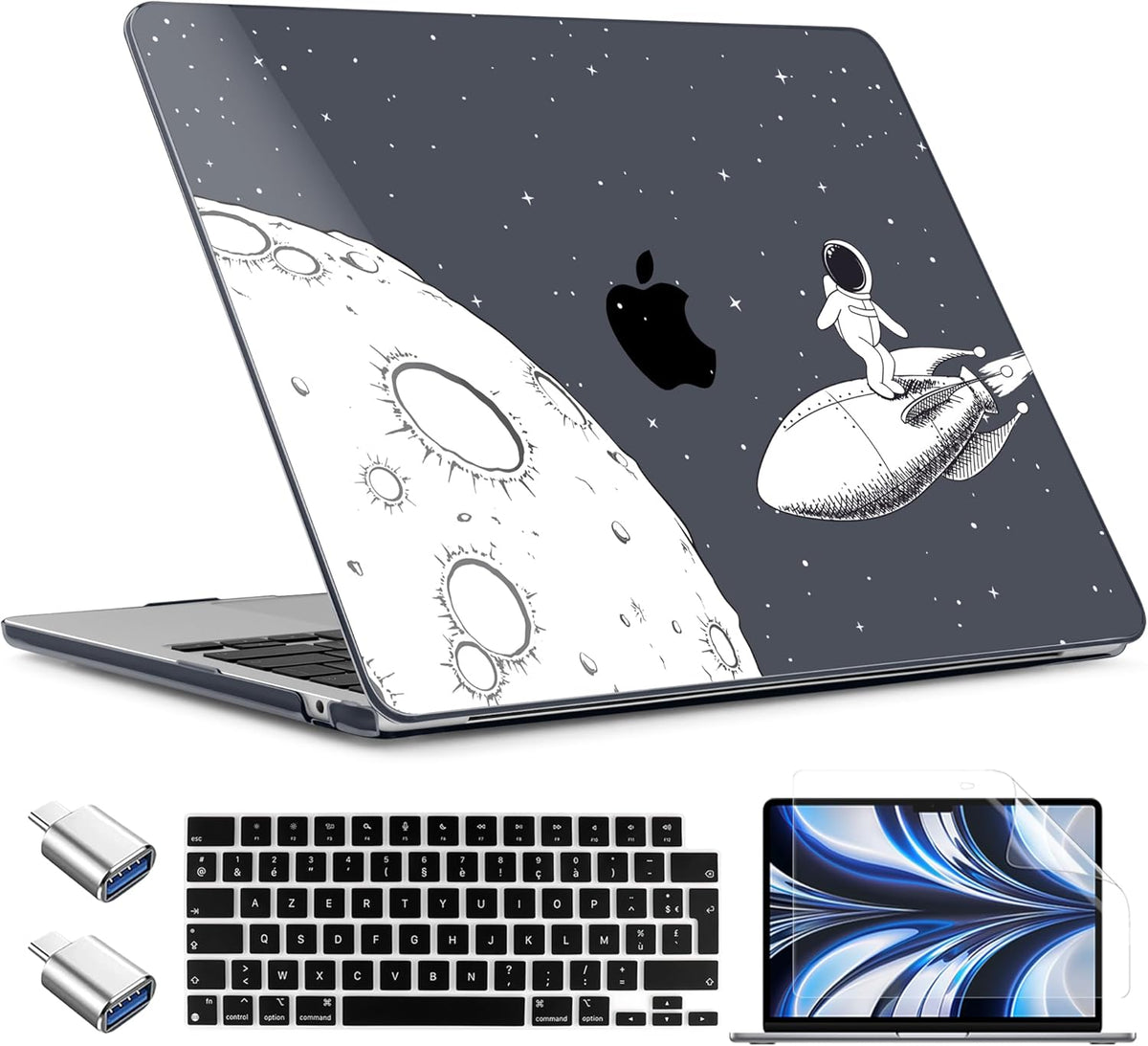 TWOLSKOO Compatible with M4 MacBook Air 15 inch Case 2025-2023 Released Model M4 A3241 M3 A3114 M2 A2941, Plastic Hard Shell & Screen Protector & Keyboard Cover & Type C Adapter, Flying Astronauts