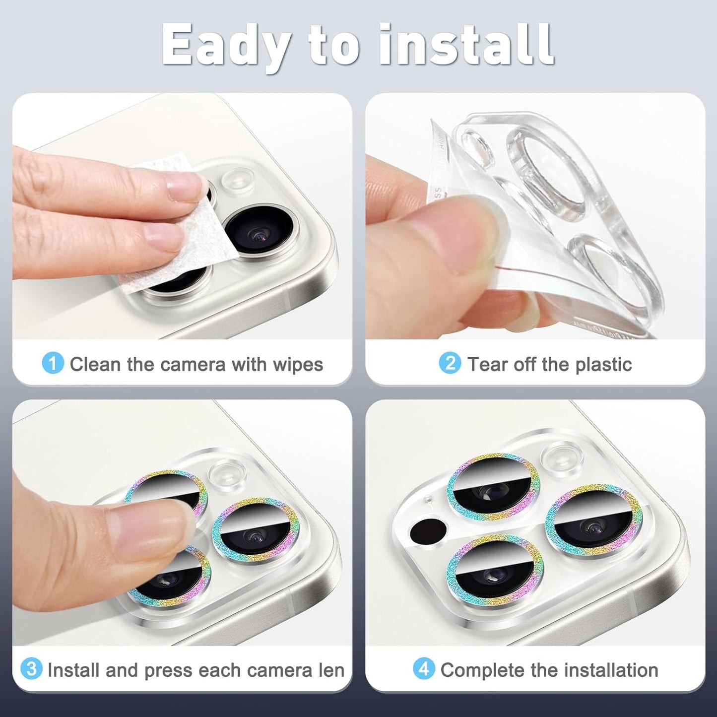 LucBuy 3PCS Sparkling Camera Lens Protector for iPhone 12/iPhone 12 Mini, Full Clear Acrylic Cover with Shiny Colorful Glitter Designed Decoration Back Camera Protector