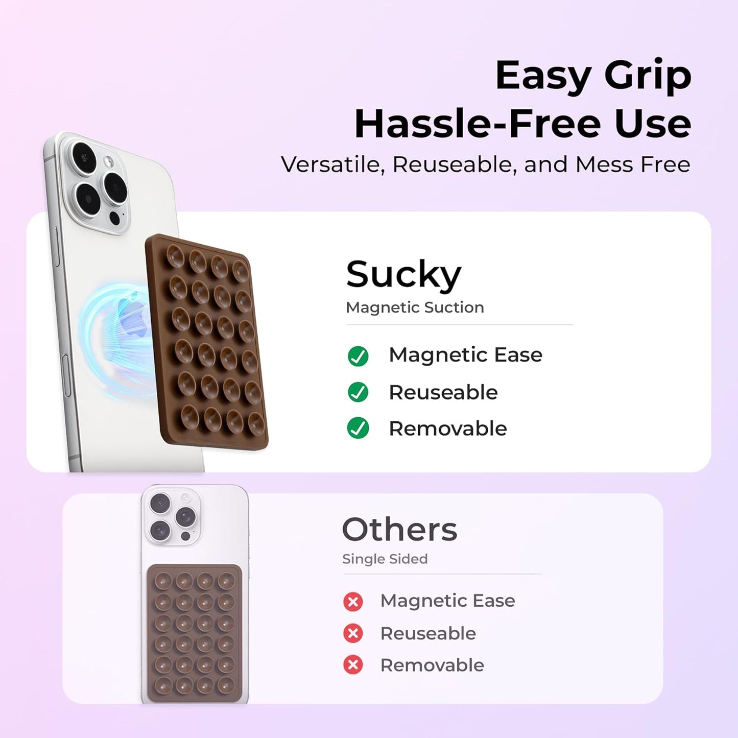 Sucky Upgraded Magnetic Suction Cell Phone Grip for MagSafe Case, Silicone Octo Cup Buddy Holder, Durable Magnet Phone Accessory for iPhone and Android (Pink)