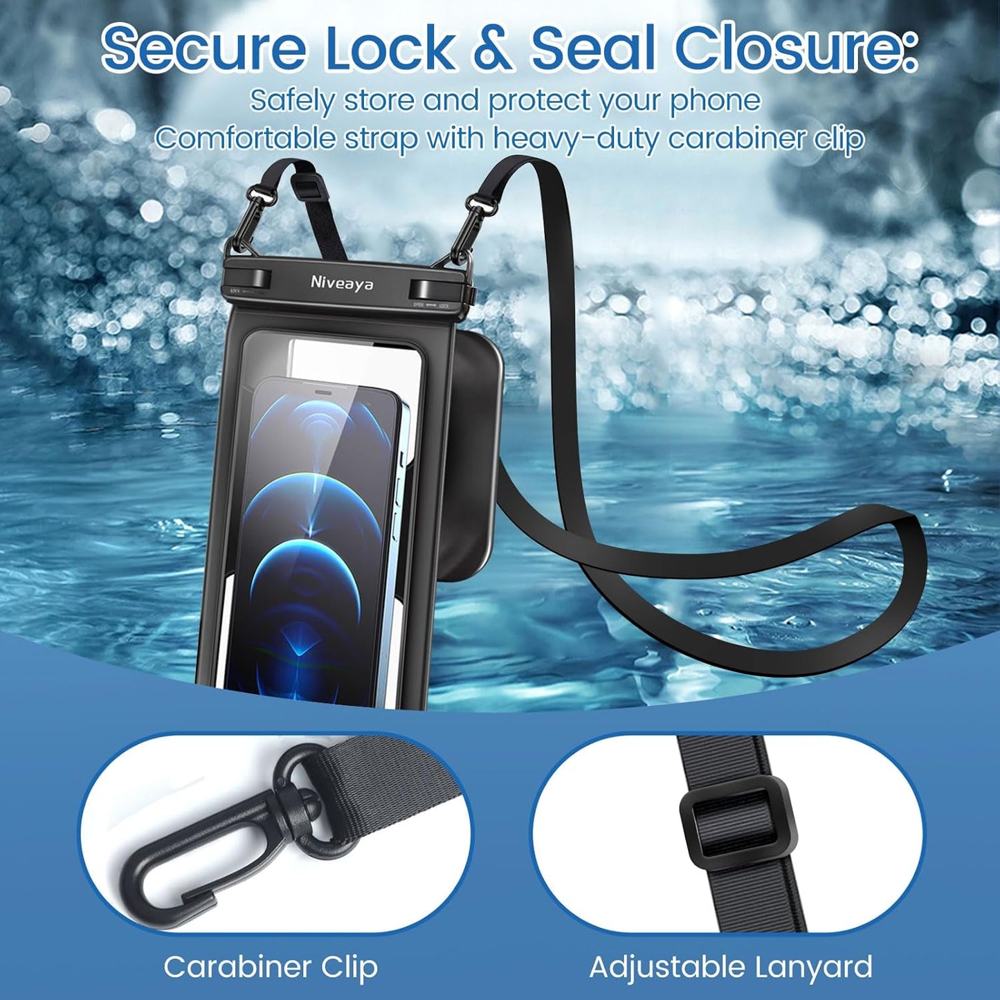 Niveaya [Floatable Floating Waterproof Phone Pouch 2 Pack-Up to 8.5", Large Space Adjustable Neck Lanyard Waterproof Phone Case, Phone Dry Bags for Vacation Beach Pool Kayak Cruise Travel Essentials