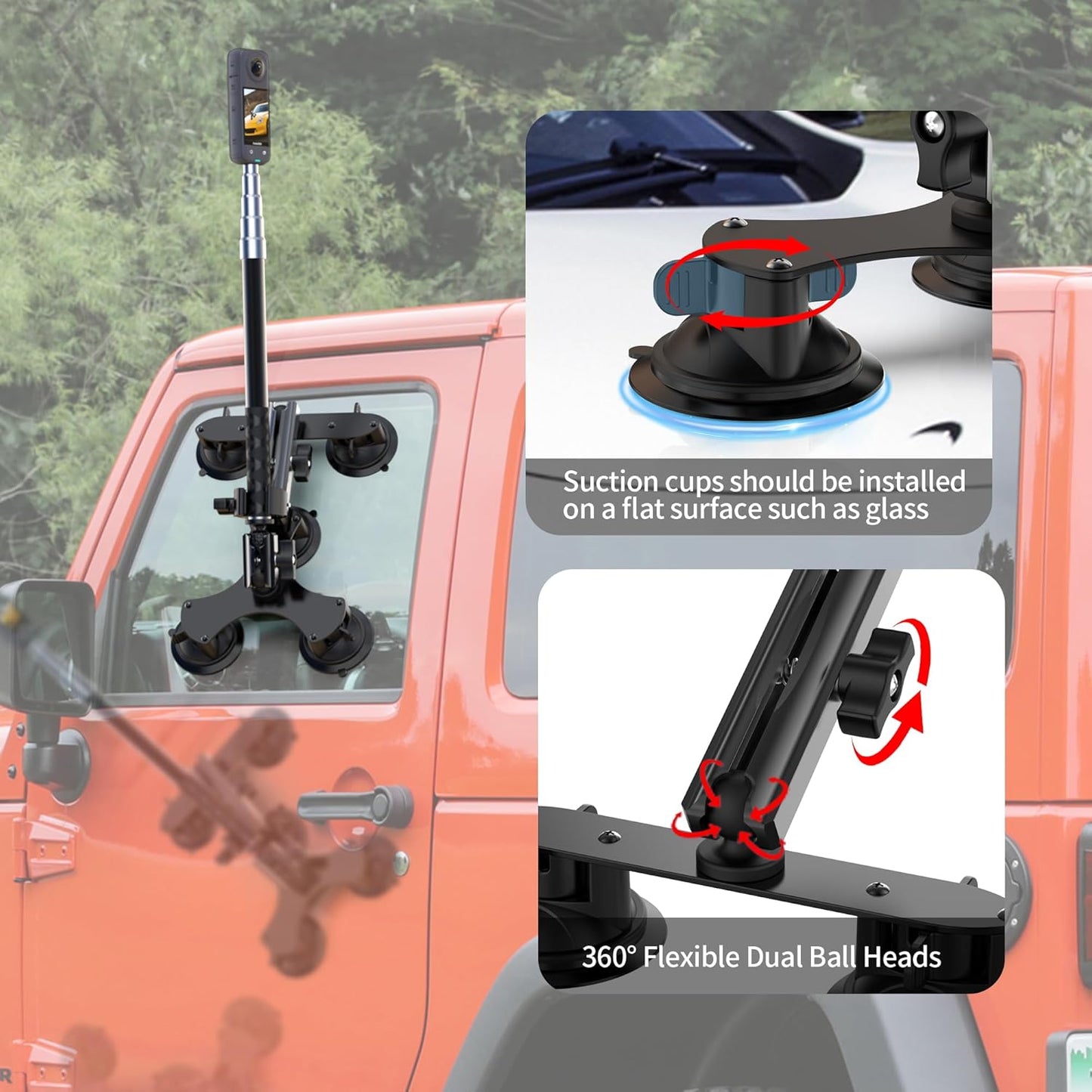 Suction Car Mount for Insta360 x5/X4/X3/X2/GO 3/ONE/GoPro Max-59 Lockable Anti-Fall Selfie Stick with 5 Suction Cups, 3-Person Car Camera Mount for 360° Action Vlog Cameras, DSLR (Indoor & Outdoor)