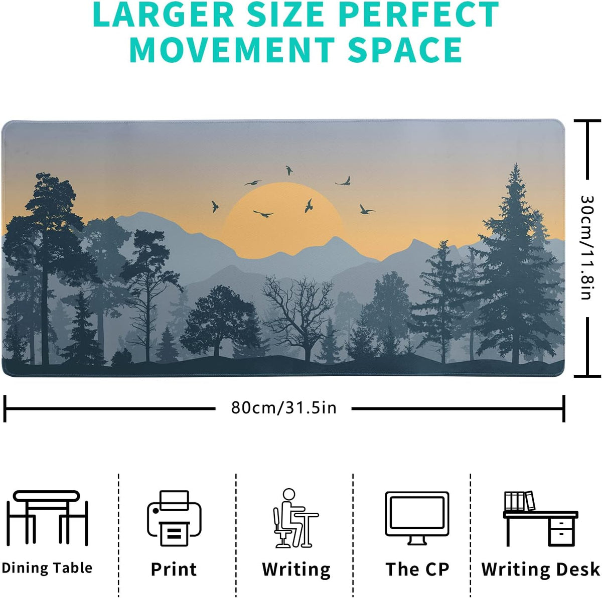 Mountain Gaming Mouse Pad 31.5x11.8 Inch Forest Large Mousepad Extended Grey Mousepad Gaming Non-Slip Rubber Base Stitched Edges Keyboard Mouse Mat Desk Pad for Office Home and Game
