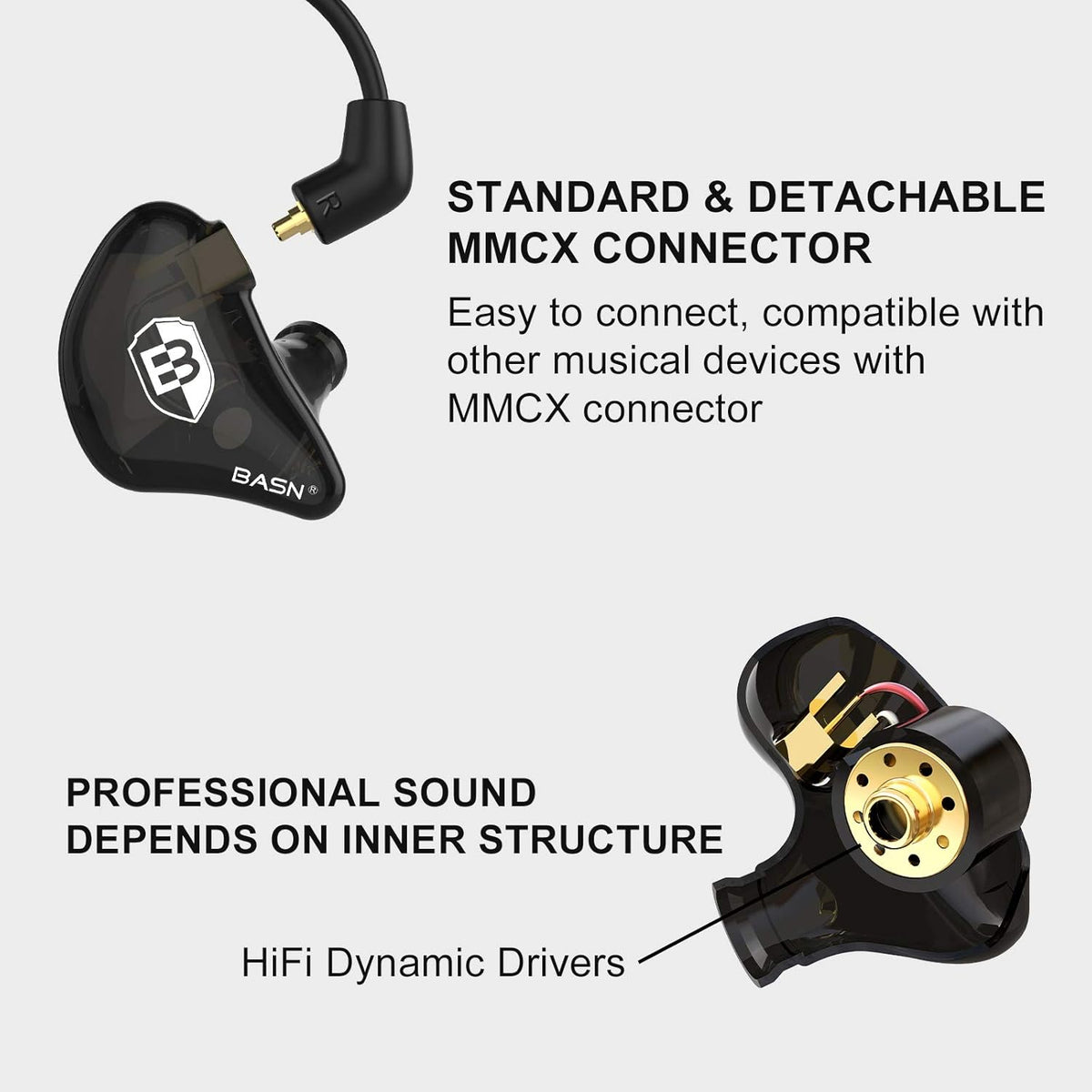 BASN in Ear Monitor Headphones for Musicians, Bsinger 2nd Generation Sound Isolating Earphones with Dual Dynamic Drivers Detachable MMCX Cable (Black)…