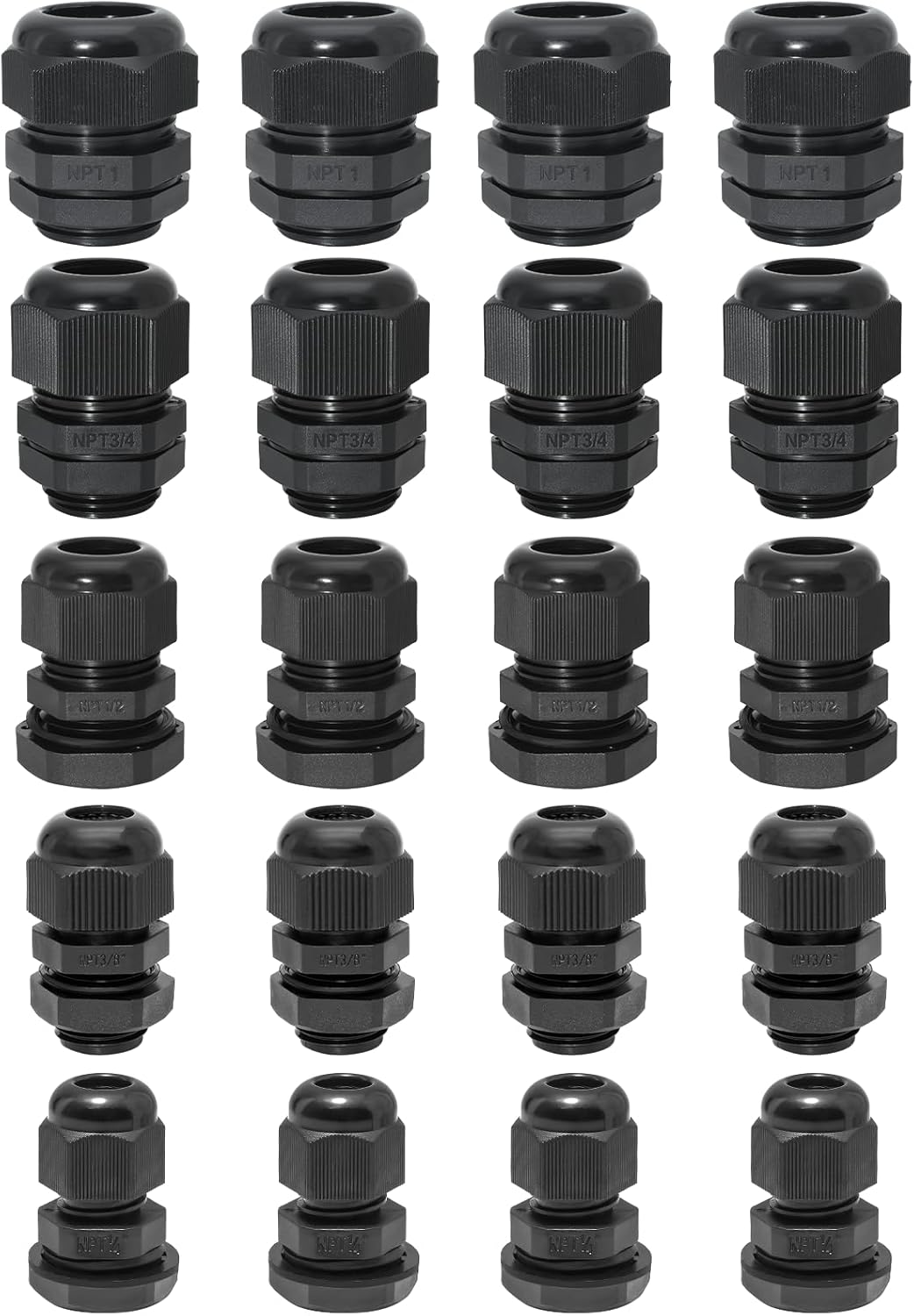 20 Pcs Nylon Cable Gland Kit, IP68 Waterproof Adjustable Cord Grip Cable Connector Strain Relief Wire Protectors, 1/4" 3/8" 1/2" 3/4" 1", Black