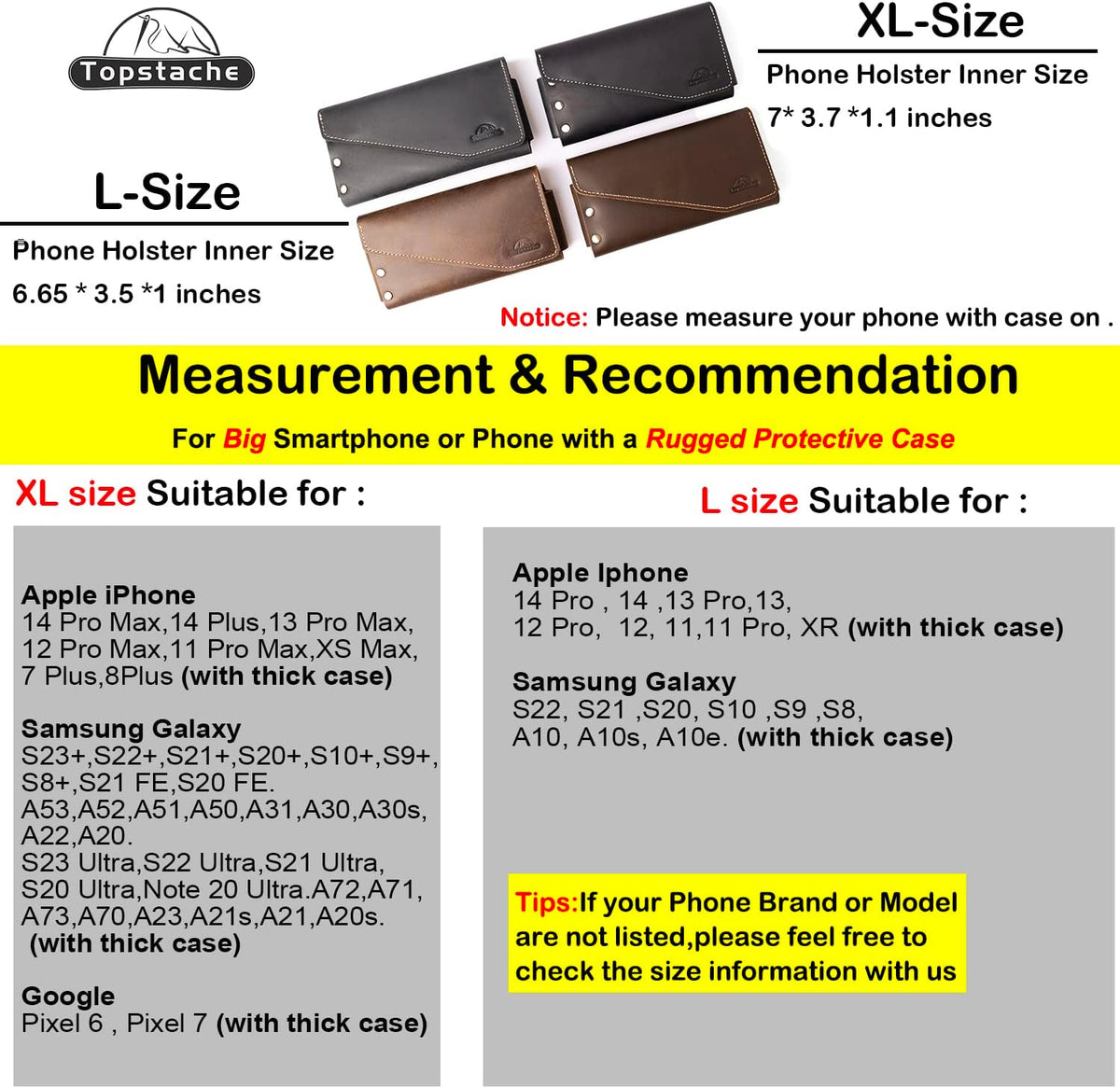 Topstache Leather Phone Holster with Belt Clip for Galaxy S23,iPhone 14,14 Pro,Leather Belt Pouch for Universal Smartphone with Otterbox Case,Flip Cellphone Pouch,L,Darkbrown