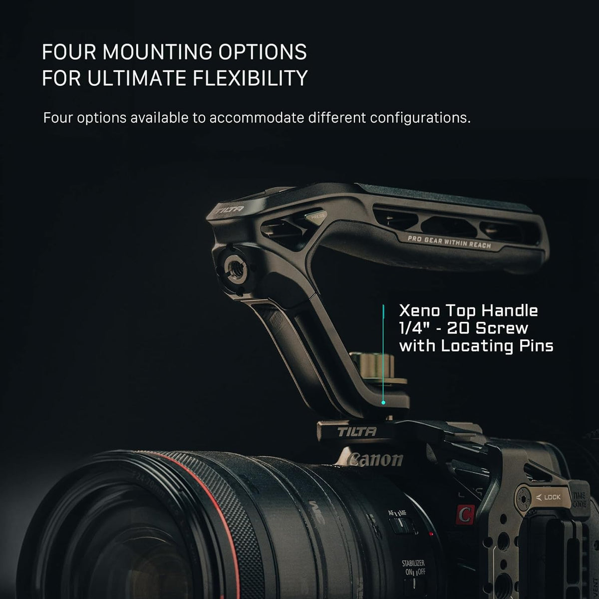Tilta Xeno Top Handle for Filmmakers & Cameras - Black | Aluminum Alloy and Silicone Build | 1/4″-20 and 3/8″-16 Threads w/Locating Points | Safety Release Pin | Comfortable Handling (NATO)