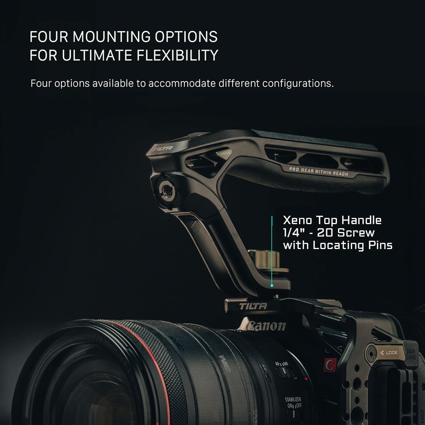 Tilta Xeno Top Handle for Filmmakers & Cameras - Titanium Gray | Aluminum Alloy and Silicone Build | 1/4″-20 and 3/8″-16 Threads w/Locating Points | Safety Release Pin | Comfortable Handling (NATO)