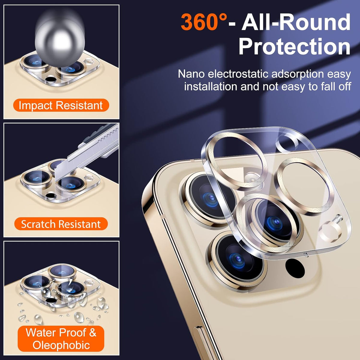 UniqueMe [ 3 Pack] Compatible with iPhone 12 Pro Max 6.7" Camera Lens Protector Tempered Glass,[Case Friendly][New version][Scratch-Resistant][Easy Installation] -Golden