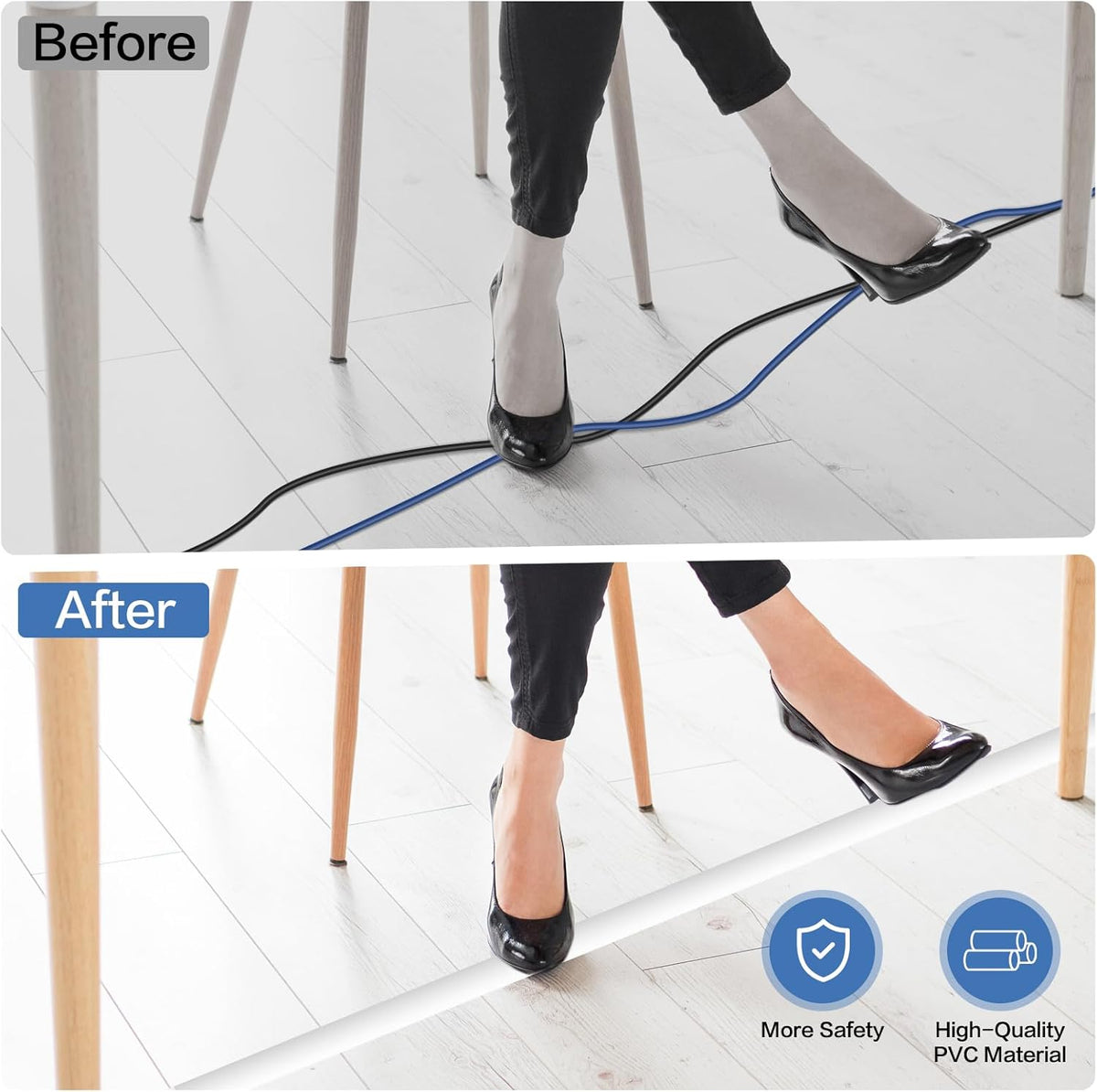 Floor Cord Cover Self Adhesive Cord Hider Floor Extension Cord Covers for Floor Power Cord Protector Cable Management Prevent Cable Trips Cable Cavity 0.51" W x 0.31" H (White, 20Ft)