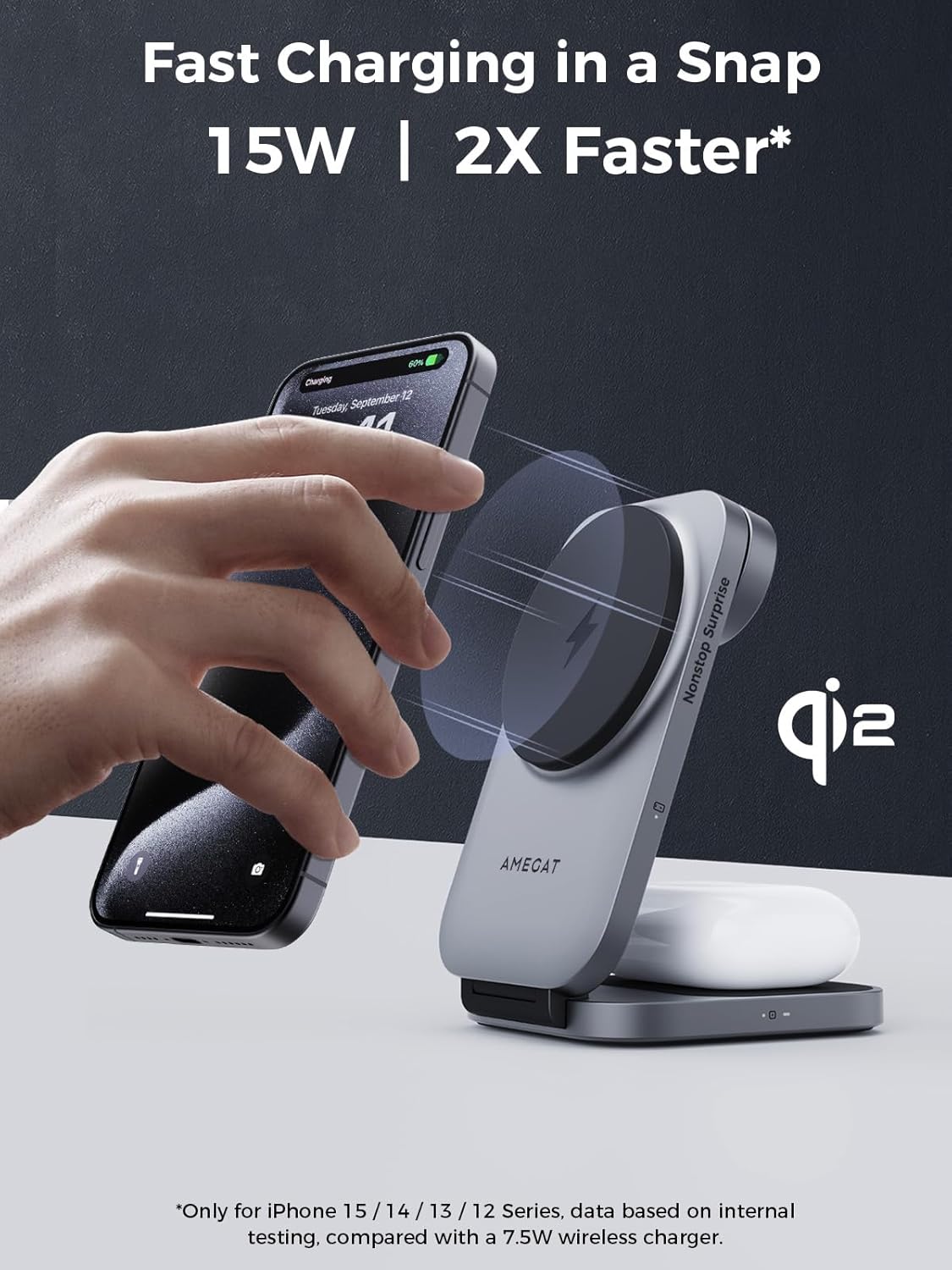 3 in 1 Charging Station, MagFusion Z Foldable Qi2 Certified 15W Wireless Charger Stand Compatible with MagSafe for iPhone 16/15/14/13/12, Apple Watch, AirPods (30W PD Charger Included)